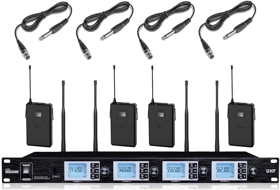 Wireless Microphone System, 4-Channel, w/ 4 Guitar Instrument Cable 4 Beltpack Mics, 4x100 Adjustable UHF Channels, 328ft, Microphone for 4 Electric Guitar Bass for School, Singing, Stage Performance