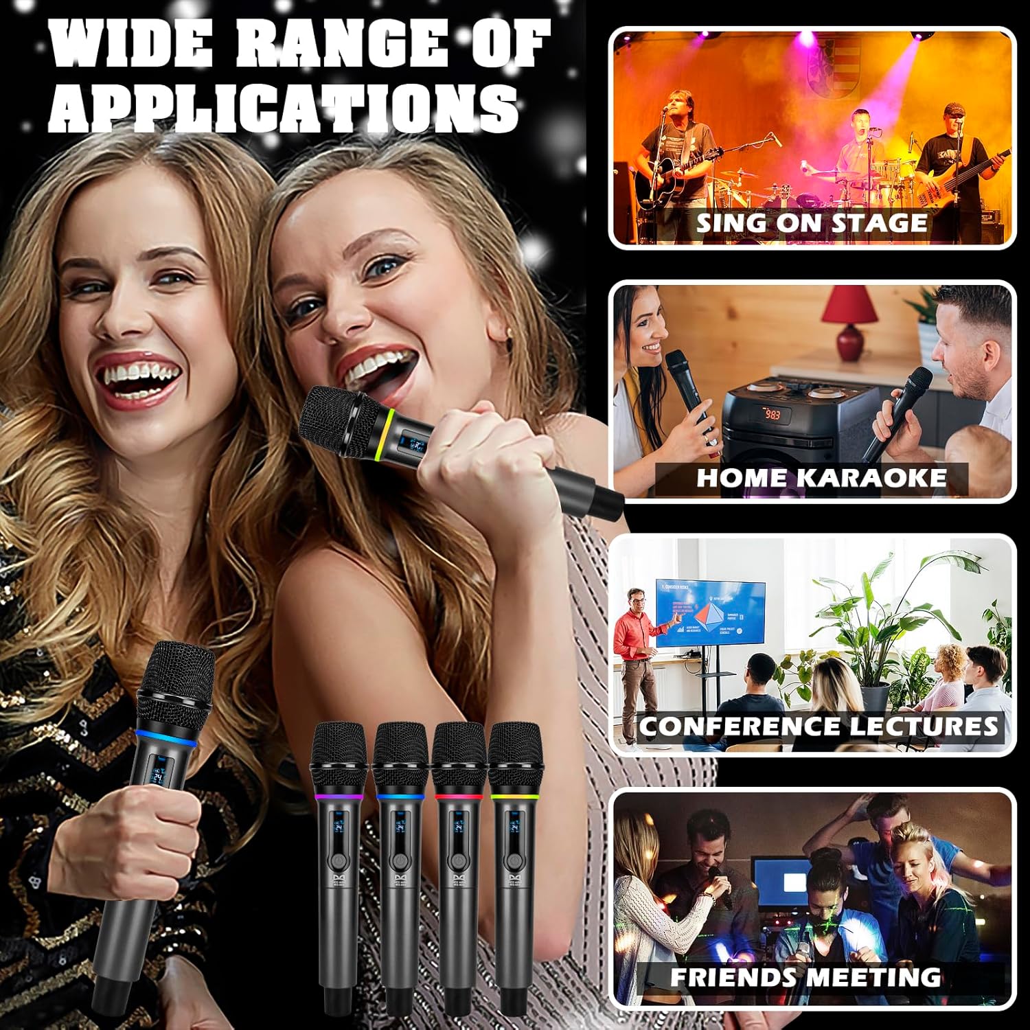 QiCheng&LYS 4 Wireless Microphones with Rechargeable Receiver, 2.4G Cordless Mics with Volume Control, Handheld Dynamic Mic System for Church Singing Karaoke Wedding, 200ft