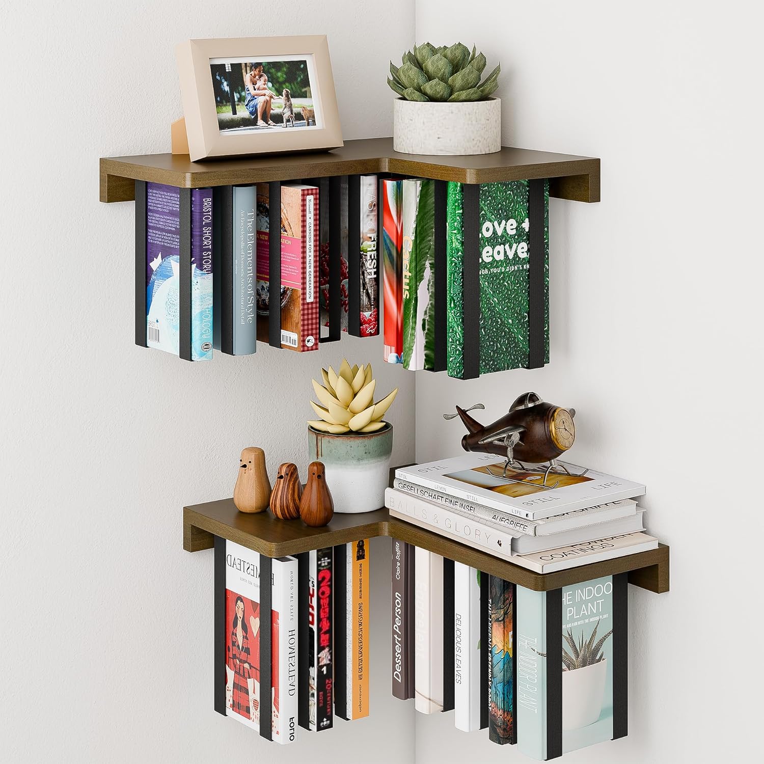Floating Bookshelves for Wall Set of 2 - Corner Floating Shelves for Books, Rubberwood Wall Mount Bookshelf, Unique Wall Bookshelf with Elastic Strap,Hanging Bookshelves for Wall-Walnut Color