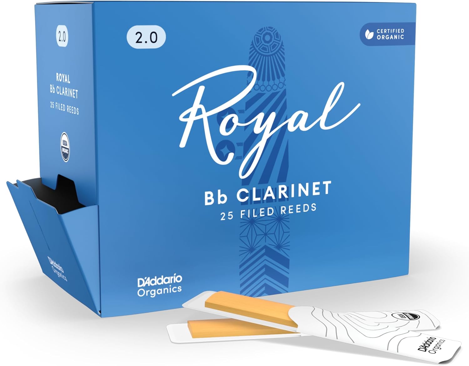 D’Addario Woodwinds - Royal Bb Clarinet Reeds - B Flat Clarinet Reeds - Reeds for Clarinet - Clarinet Bb Reeds - Strong Spine - Filed Cut - Strength 2.0, 25-Pack