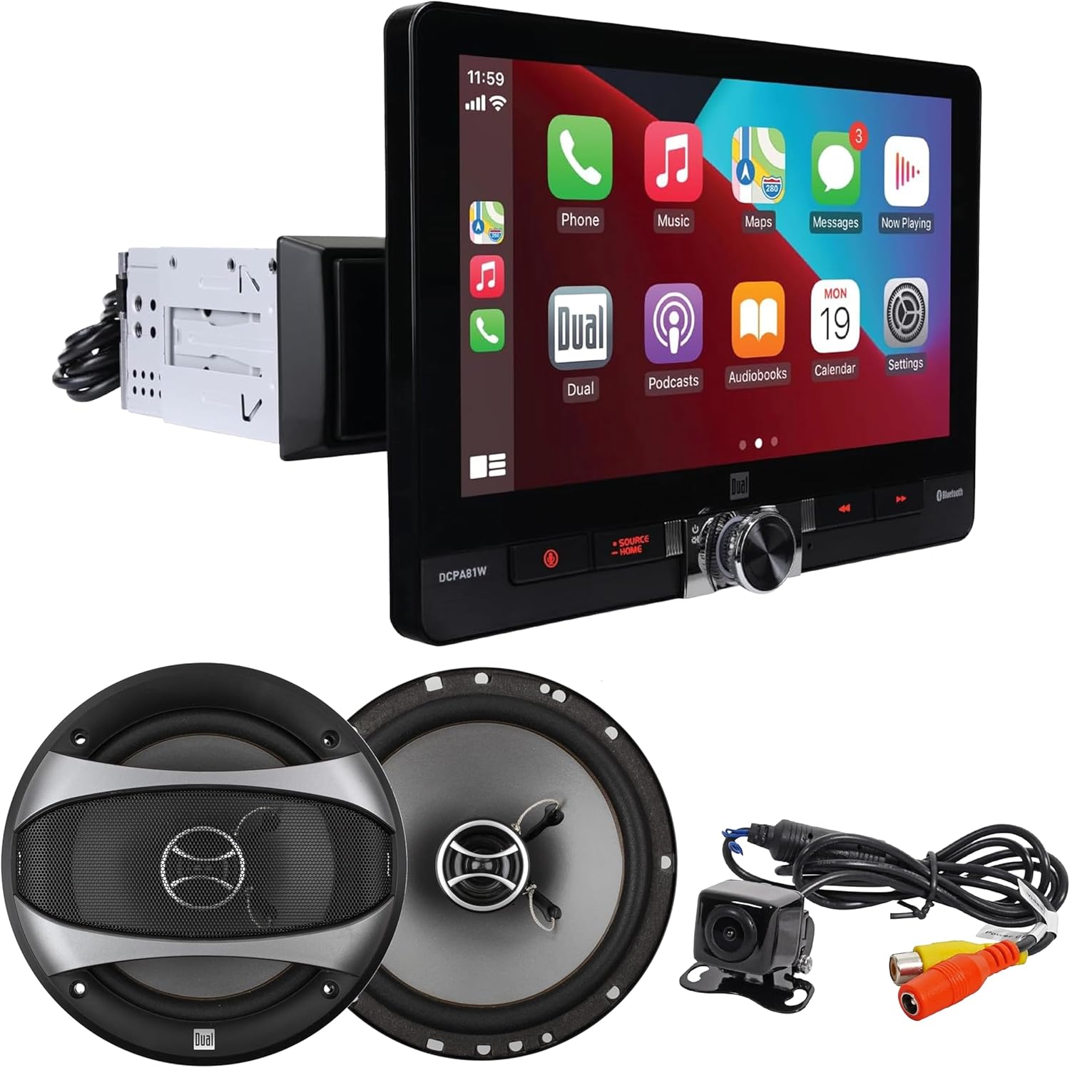 Dual Electronics DCPA81W 8-inch Certified Apple CarPlay Android Auto Wired or Wireless Car Stereo with XCAM150 Backup Camera & D65SP 6.5 inch Speakers Bundle