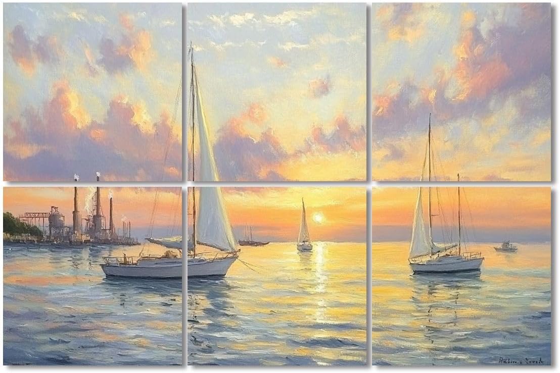 6 Pack Art Acoustic Panels Sound Absorbing Famous Oil Paintings Seascape Ocean Sea Beach Pictures Sailboats Decorative Soundproof Wall Panels Self Adhesive for Recording Studios Office 72
