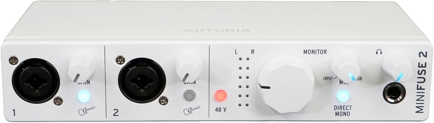 Audiosavings Bundle: (1) Arturia Minifuse 2 White 2x2 USB MIDI Audio Recording Interface+Software Bundle with (1) Rockville RMC-XLR High-End Metal DJ Handheld Wired Microphone Mic (2 Items)