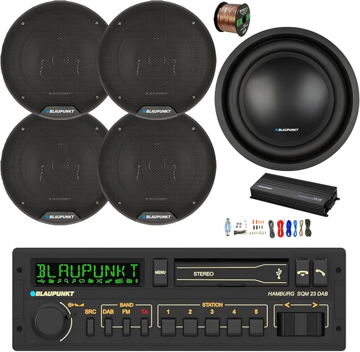 Blaupunkt Hamburg Single DIN Retro Classic USB Bluetooth AM/FM Stereo Receiver, 5-Channel Amplifier w/Kit, 10