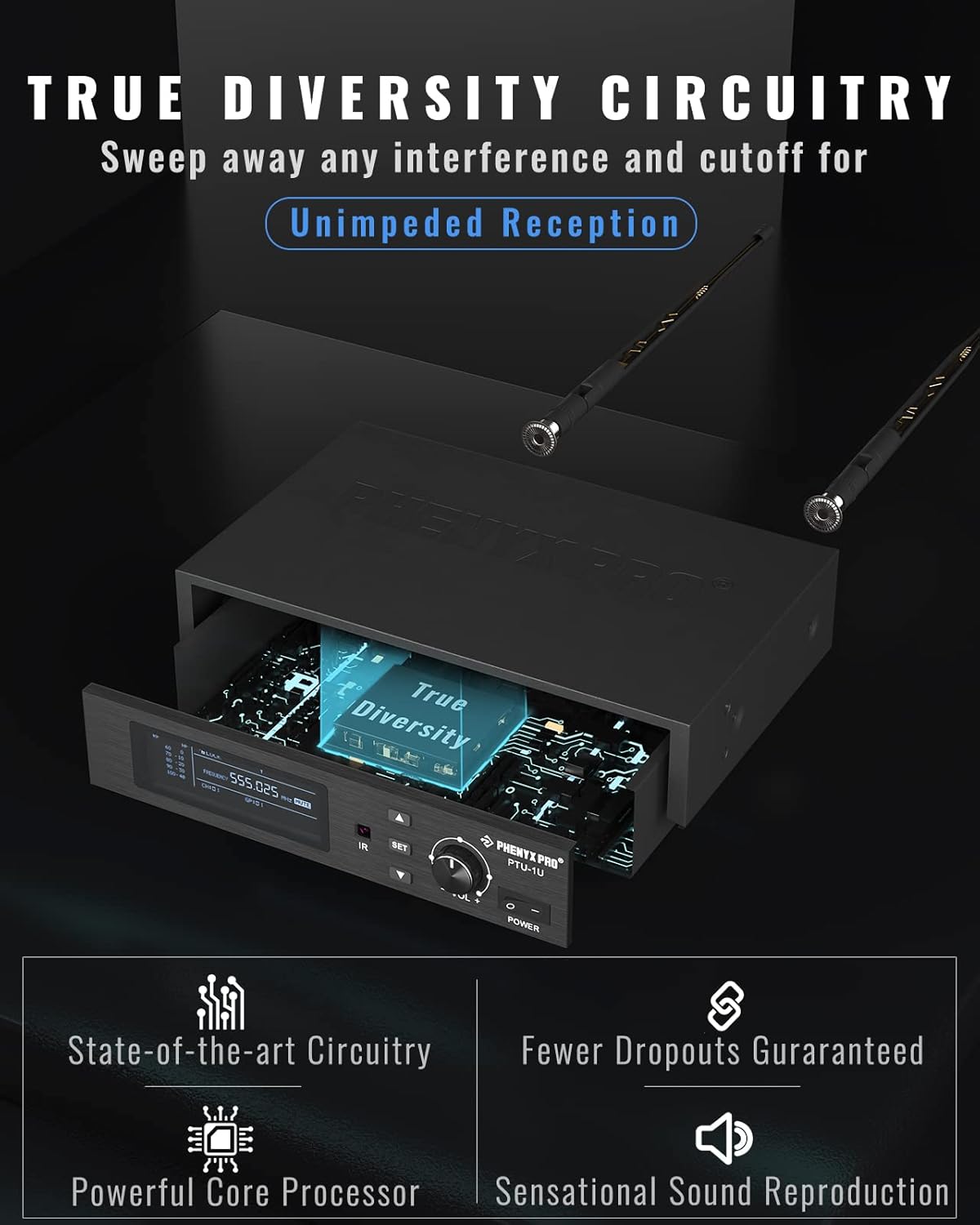 Phenyx Pro True Diversity Wireless Microphone System w/ 1000 Tunable Channels, Single Cordless Mic Set w/Auto Scan, UHF Professional Dynamic Microphone for Singing, Stage & Studio (PTU-1U)