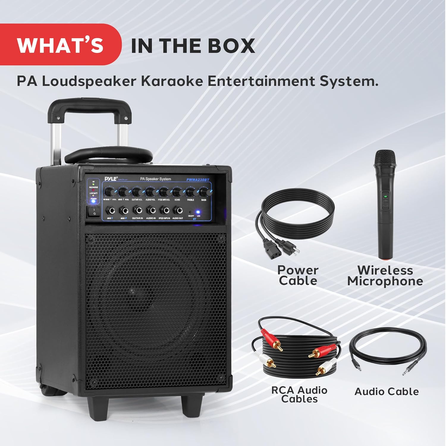 Pyle Wireless Portable PA System-400W Bluetooth Compatible Rechargeable Battery Powered Outdoor Sound Stereo Speaker Microphone Set w/Handle, Wheels-1/4 to AUX, RCA Cable (PWMA230BT)