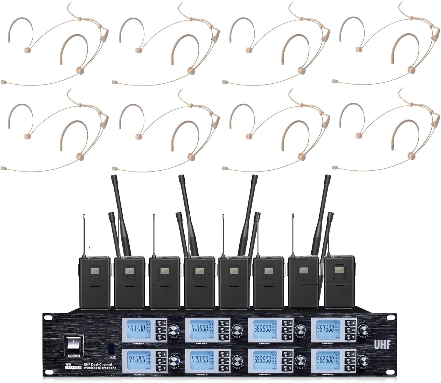 Professional 8 Channel UHF Wireless Microphone & Receiver System 8 Head Mics Belt Packs Transmitters Adjustable Frequency Professional 8 Bodypacks 8 Headsets Cordless mic Kit for Stage Theater