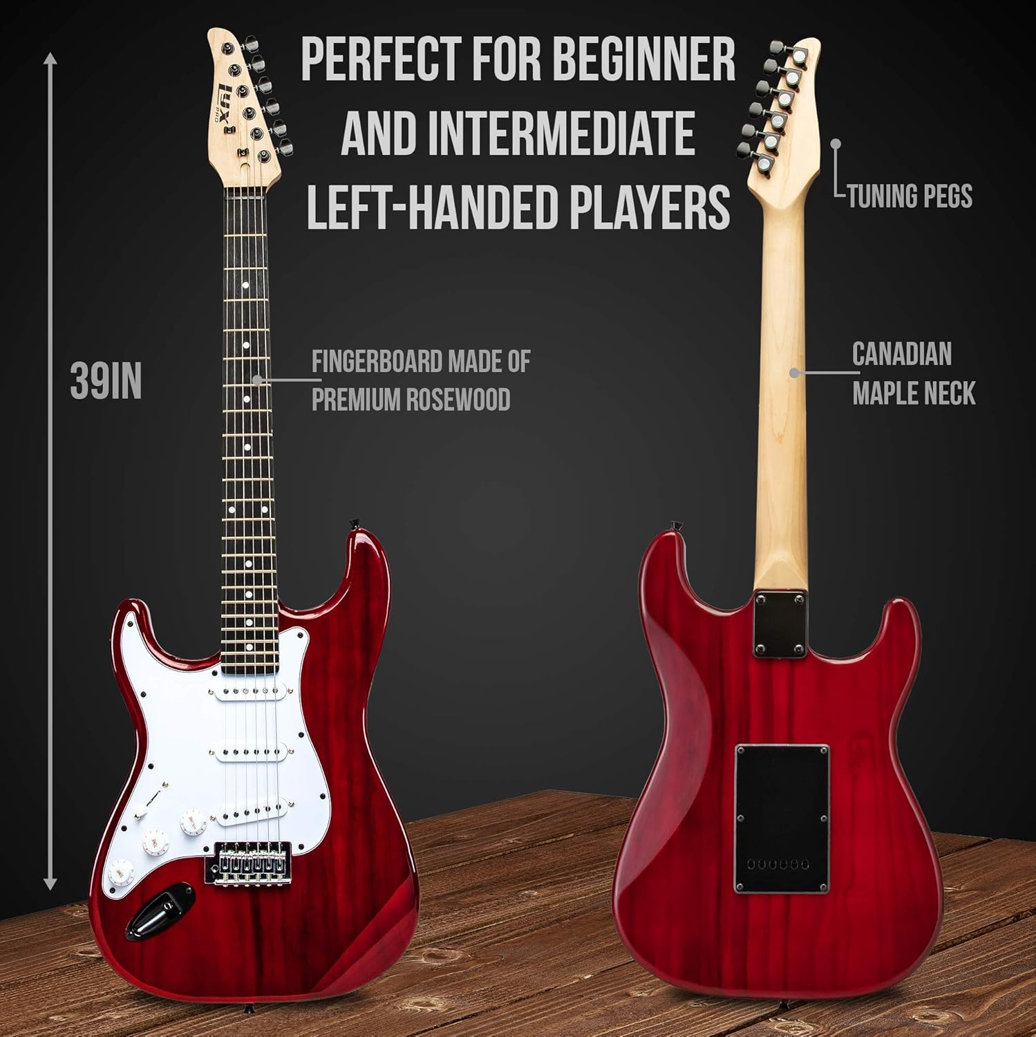 LyxPro Left Hand 39 Inch Electric Guitar and Starter Kit for Lefty Full Size Beginner’s Guitar, Amp, Six Strings, Two Picks, Shoulder Strap, Digital Clip On Tuner, Guitar Cable and Soft Case - Red