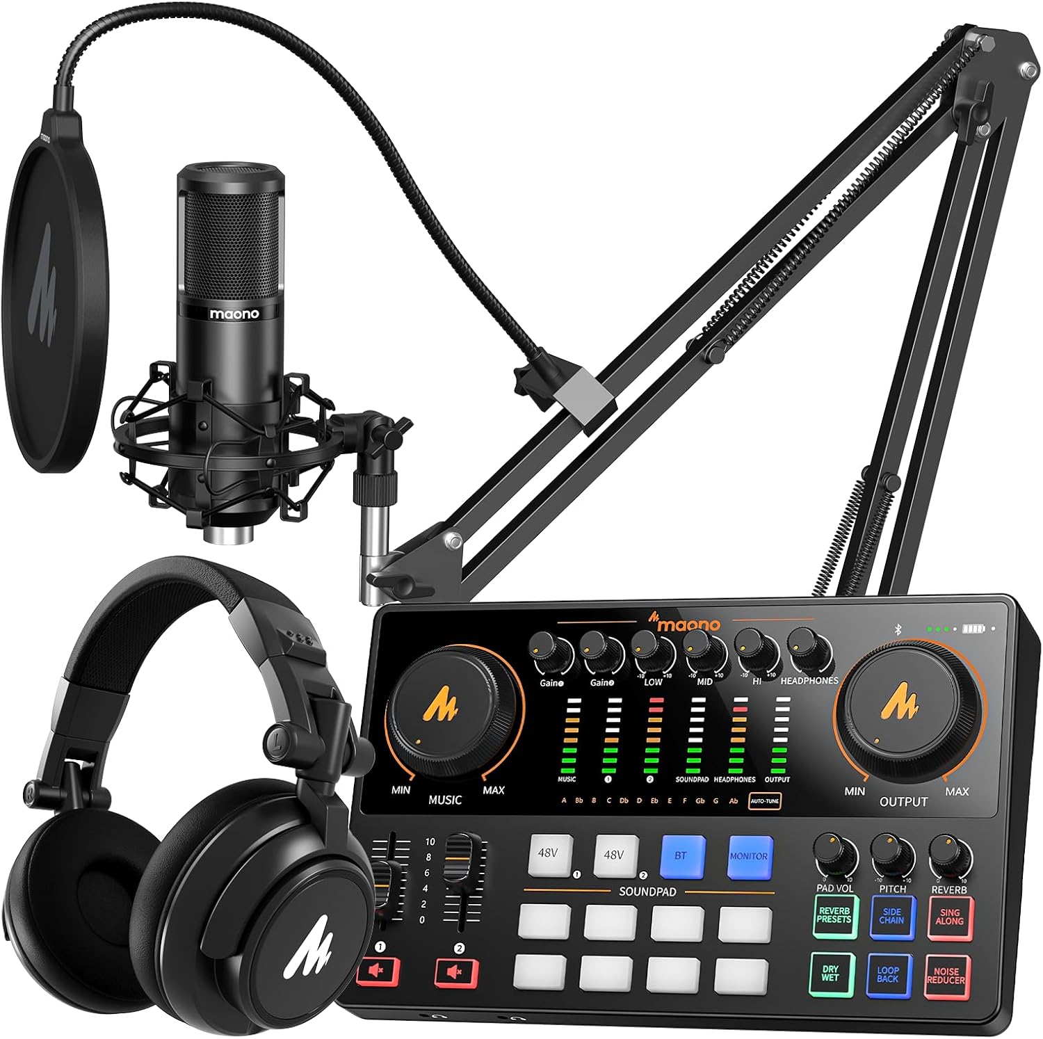 MAONO Podcast Equipment Bundle: Audio Interface, XLR Condenser Mic and Headphones with Dual XLR Input, Quick to Mute, Noise Reduction, 8 Customize soundpads for Podcast Recording, Streaming, YouTube