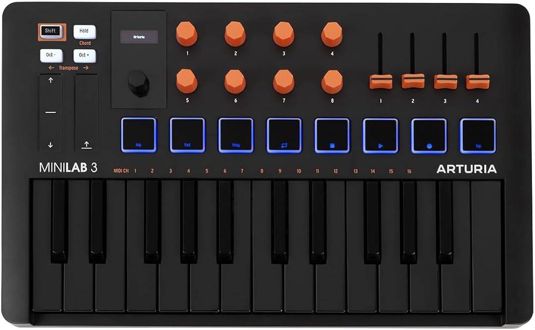 Arturia MiniLab 3 - Universal MIDI Controller for Music Production, with All-in-One Software Package - 25 Keys, 8 Multi-Color Pads - White (MiniLab 3 Only, Black/Orange)