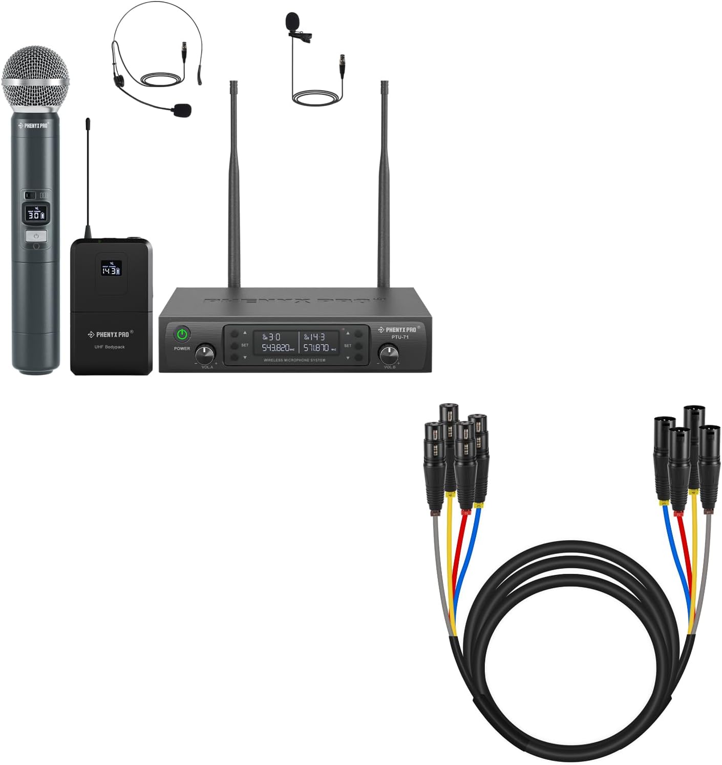 Phenyx Pro Wireless Microphone System,2x100 Adjustable UHF Channels(PTU-71-1H1B) Bundle with 10Ft XLR Snake Cable