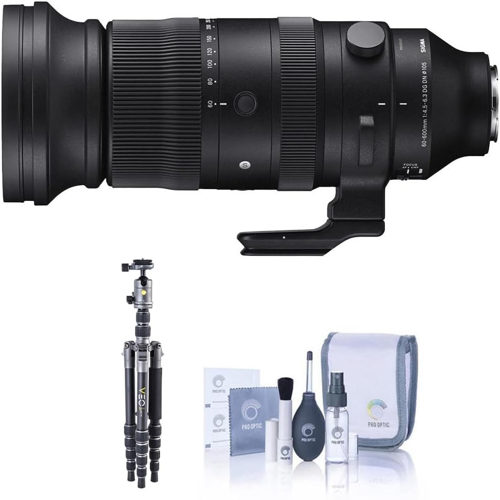 Sigma 60-600mm f/4.5-6.3 DG DN OS Sports Lens for Sony E, Bundle with Vanguard VEO 3 GO 235AB 23mm 5-Section Aluminum Travel Tripod with T-50 Ball Head, Cleaning Kit