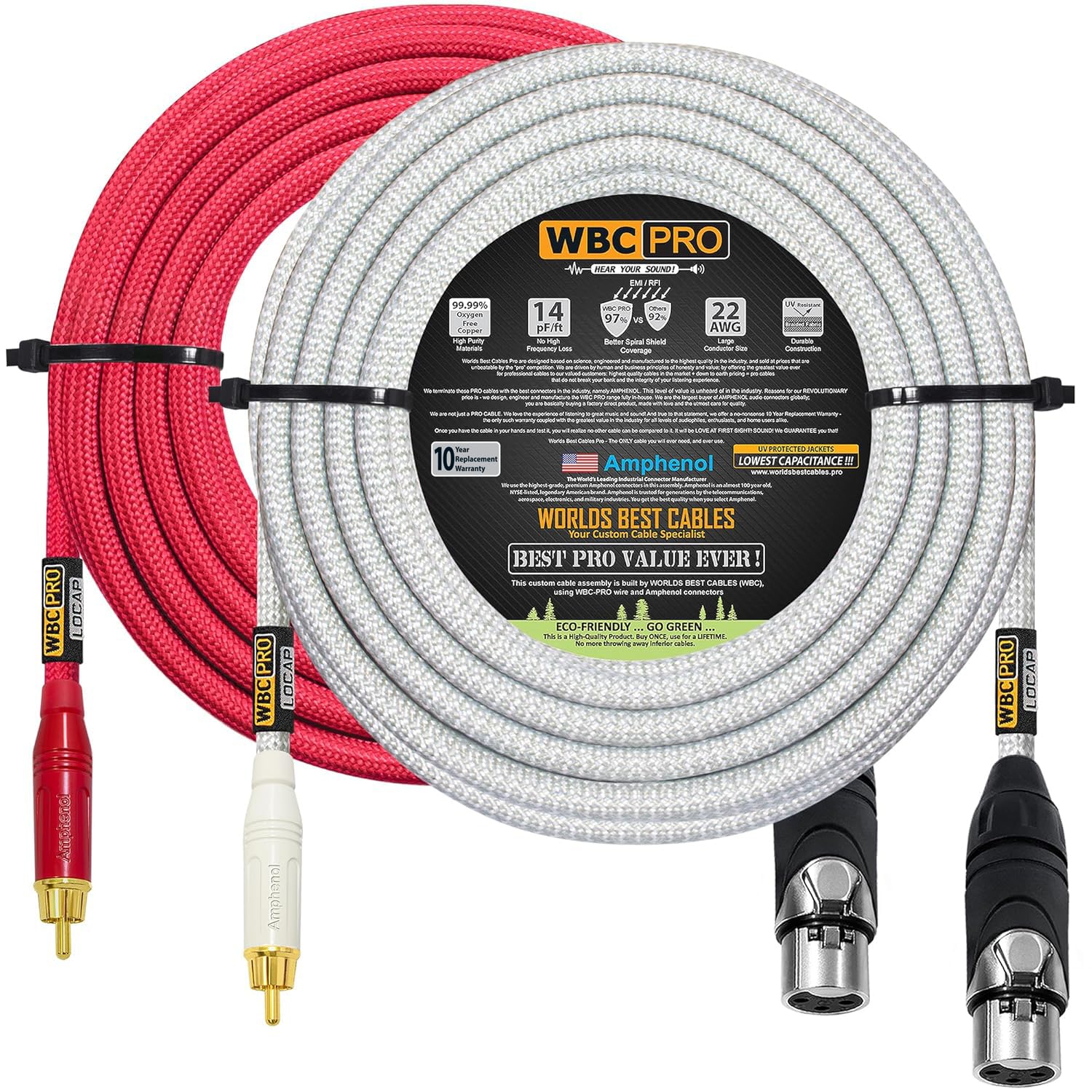 20 Foot RCA to XLR (Female) Cable Pair - WBC-PRO-LOCAP Low-Capacitance (14pF/ft) 22 AWG Ultra-Silent Audiophile & Pro-Grade Audio Interconnect Cable - Amphenol Plugs & Red & Silver Tweed Jackets