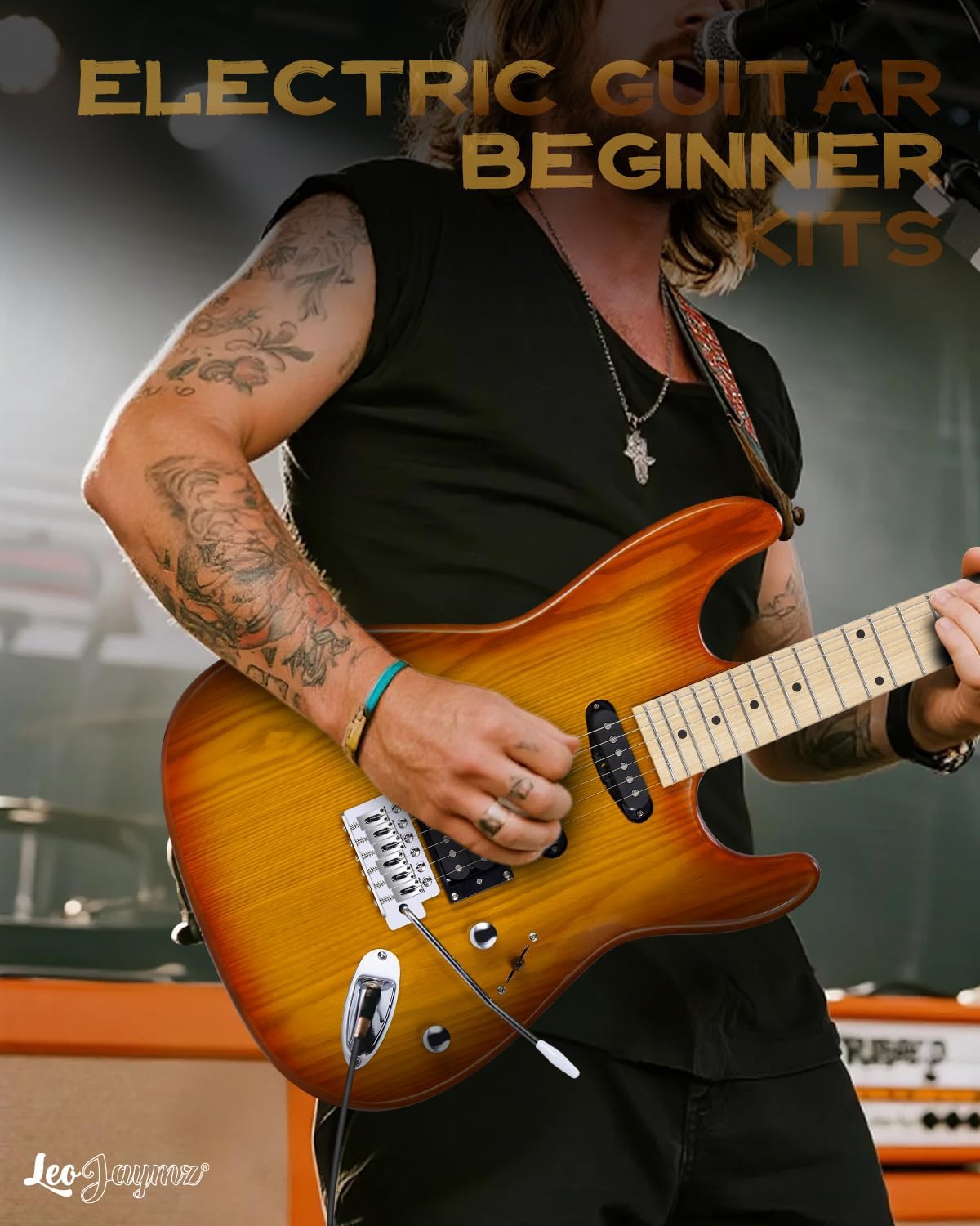 Leo Jaymz 39 Inch Full Size Electric Guitar Kit Electric Guitar Beginner Kits - Portable Amp,Digital Tuner,Gig Bag,Strap,Cable (Vinatage Sunburst)