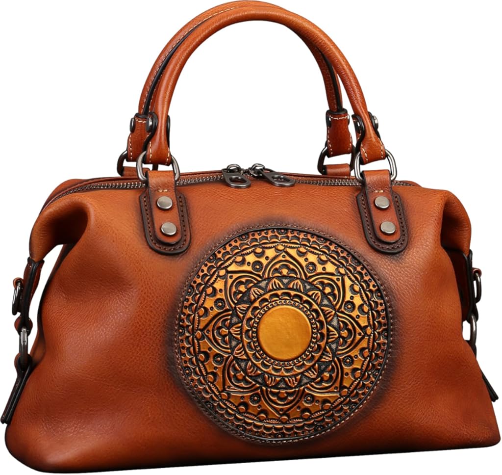 Leather Handbag for Women, Genuine Leather Purses Retro Mandela Crossbody Handbag Tote Bag