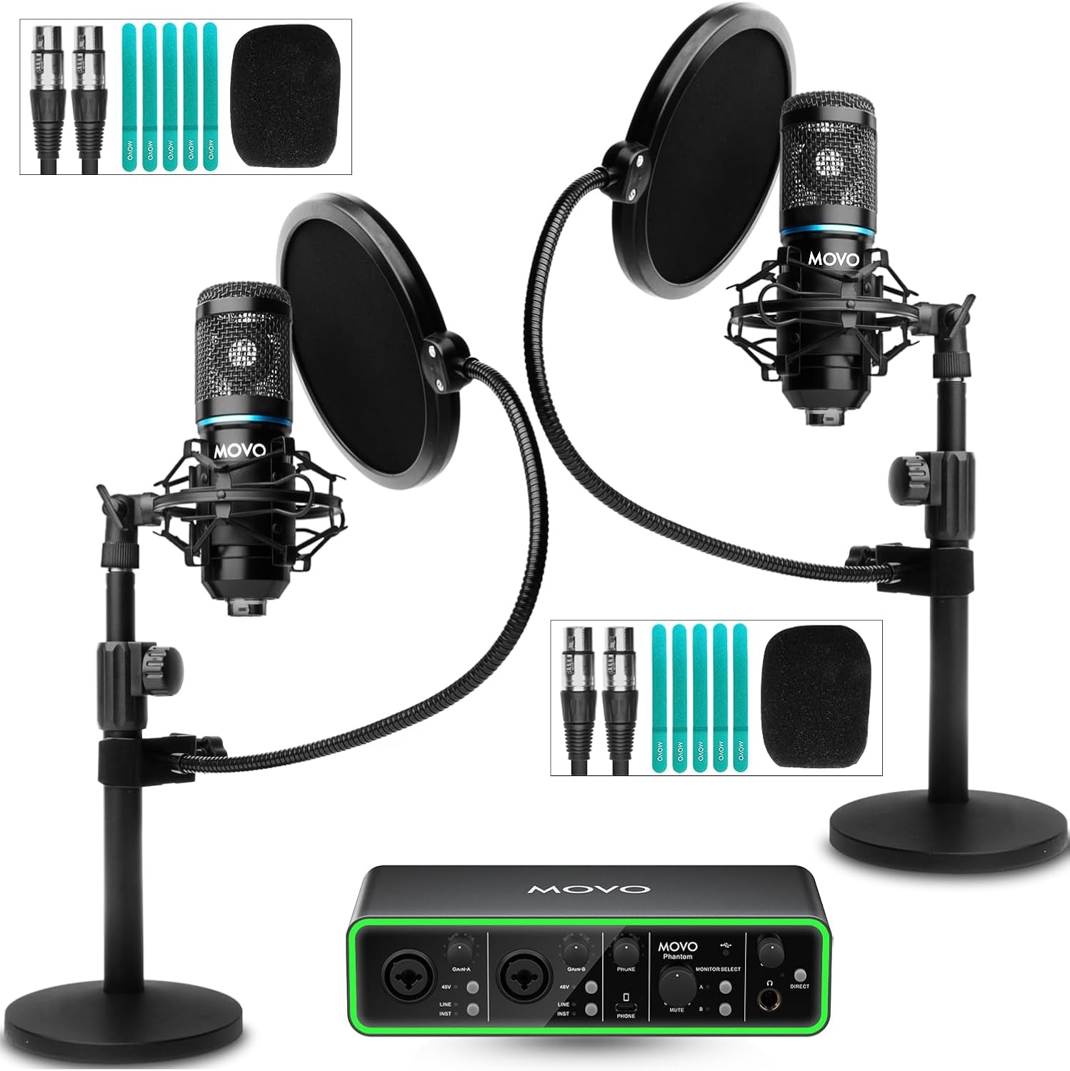 Movo PodPak2T Podcast Equipment Bundle 2-Pack Universal Cardioid Condenser Microphone Kit with Phantom 2x2 Audio Interface and Desktop Mic Stand - for YouTube, Podcasting, Streaming, Musicians