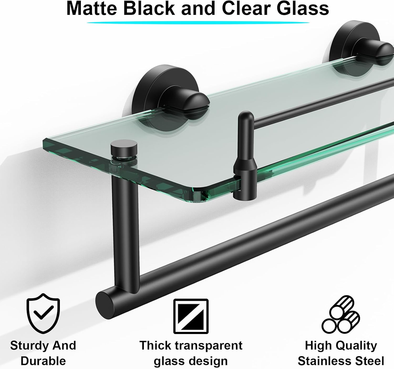Bathroom Shelf Glass Shelf 2 Pack,16-Inches Floating Glass Shelves Towel Bar/Track(Matte Black)