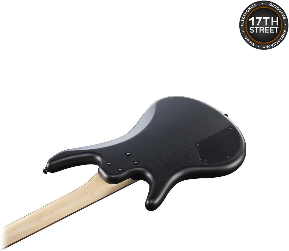 Ibanez GSRM20B 4-String Bass Guitar (Weathered Black) - Right Handed Okoume Body Bass with GSF50 Powerpad Strap, 15 Pack Guitar Picks with Storage Box & Microfiber Cleaning Cloth (Bundle Set)