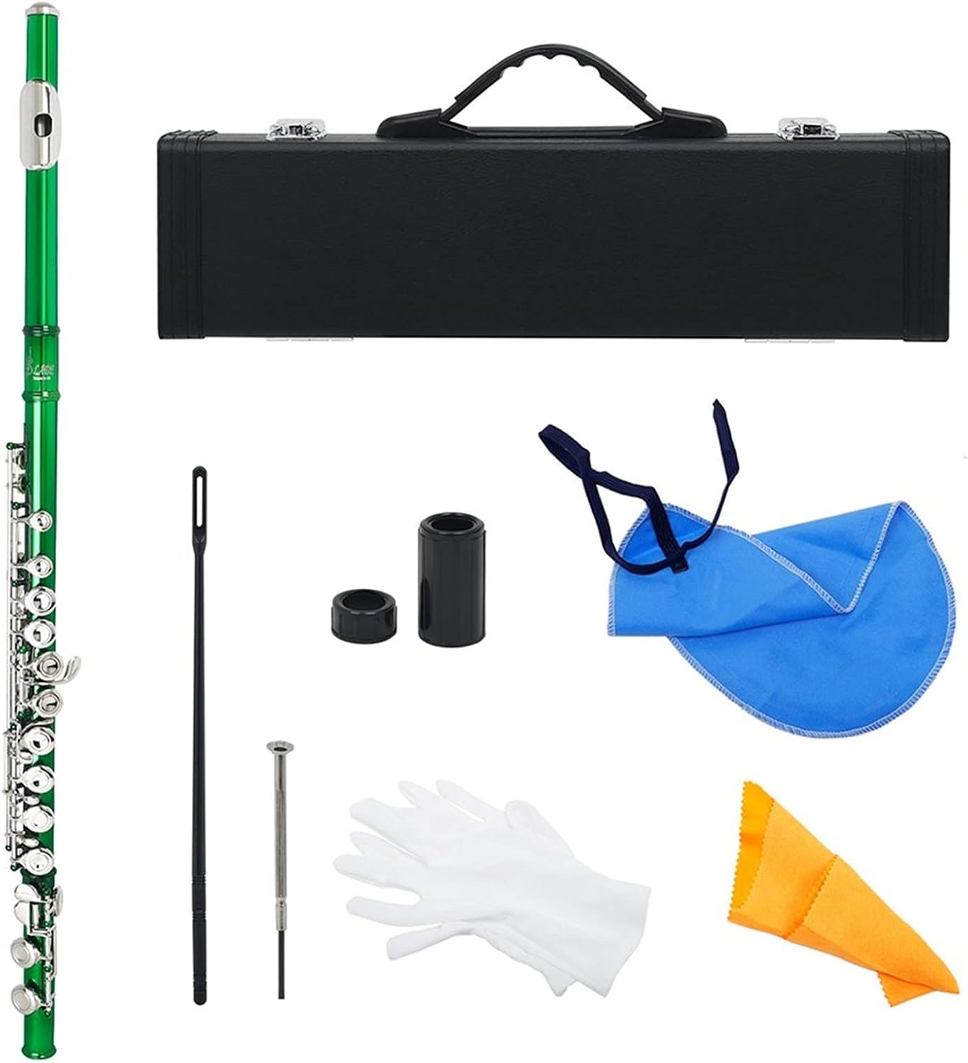 Flute Kit Cross Flute 16 Holes Closed Hole Green Transverse Flute C Tone Cupronickel Woodwind Musical Instrument with Accessories Intermediate Flute