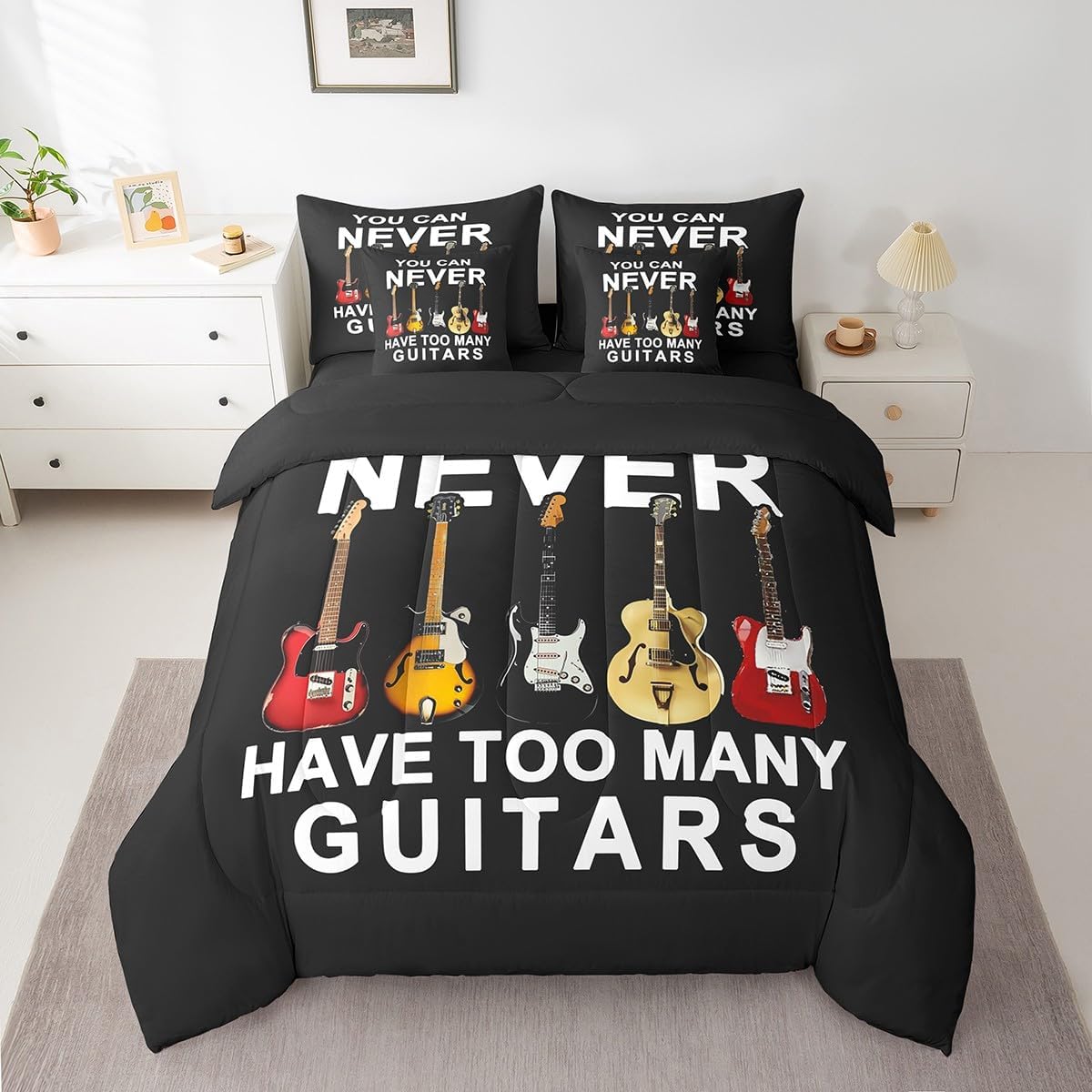 Erosebridal Guitar 7 Piece Comforter Set King Bed in a Bag,Music Themed Quilt Comforter for Kids Boys Girls,You Can Never Have Too Many Guitars Motto Bedding Set,Rock Bass Musical Instrument Sheets