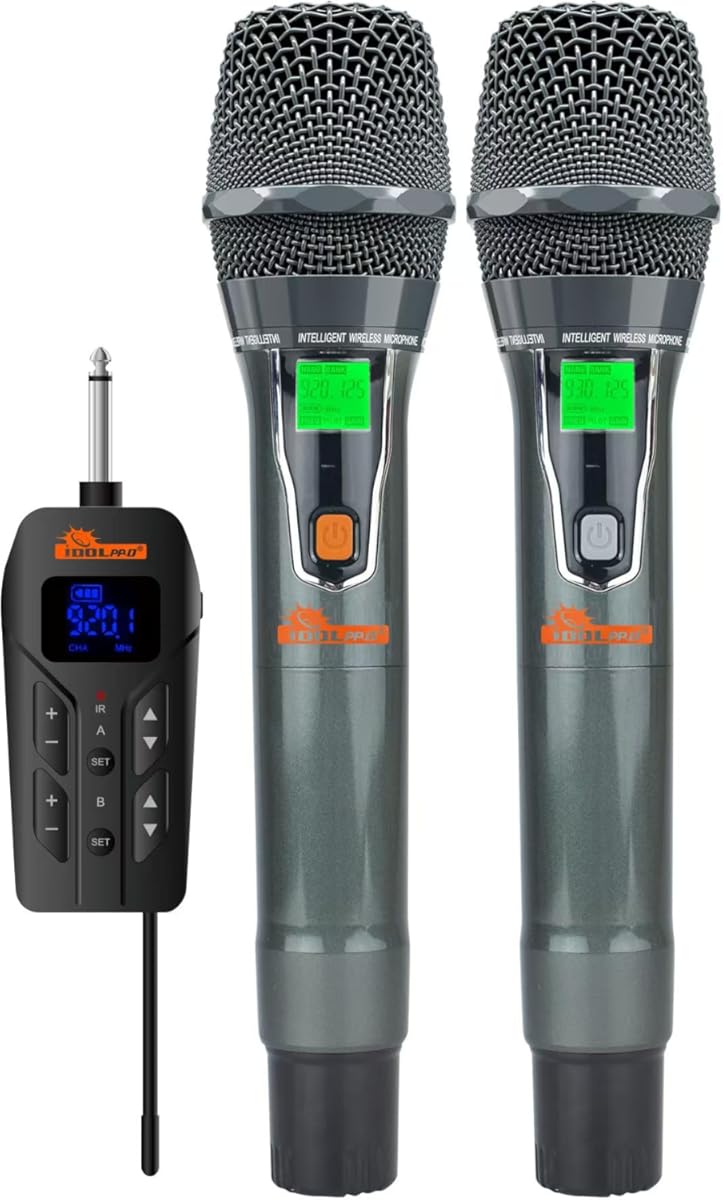 IDOLPRO UHF-20 Smart Dual Wireless Microphone System with LCD Display, Rechargeable Receiver, Compatitle with Most Portable Karaoke Speakers
