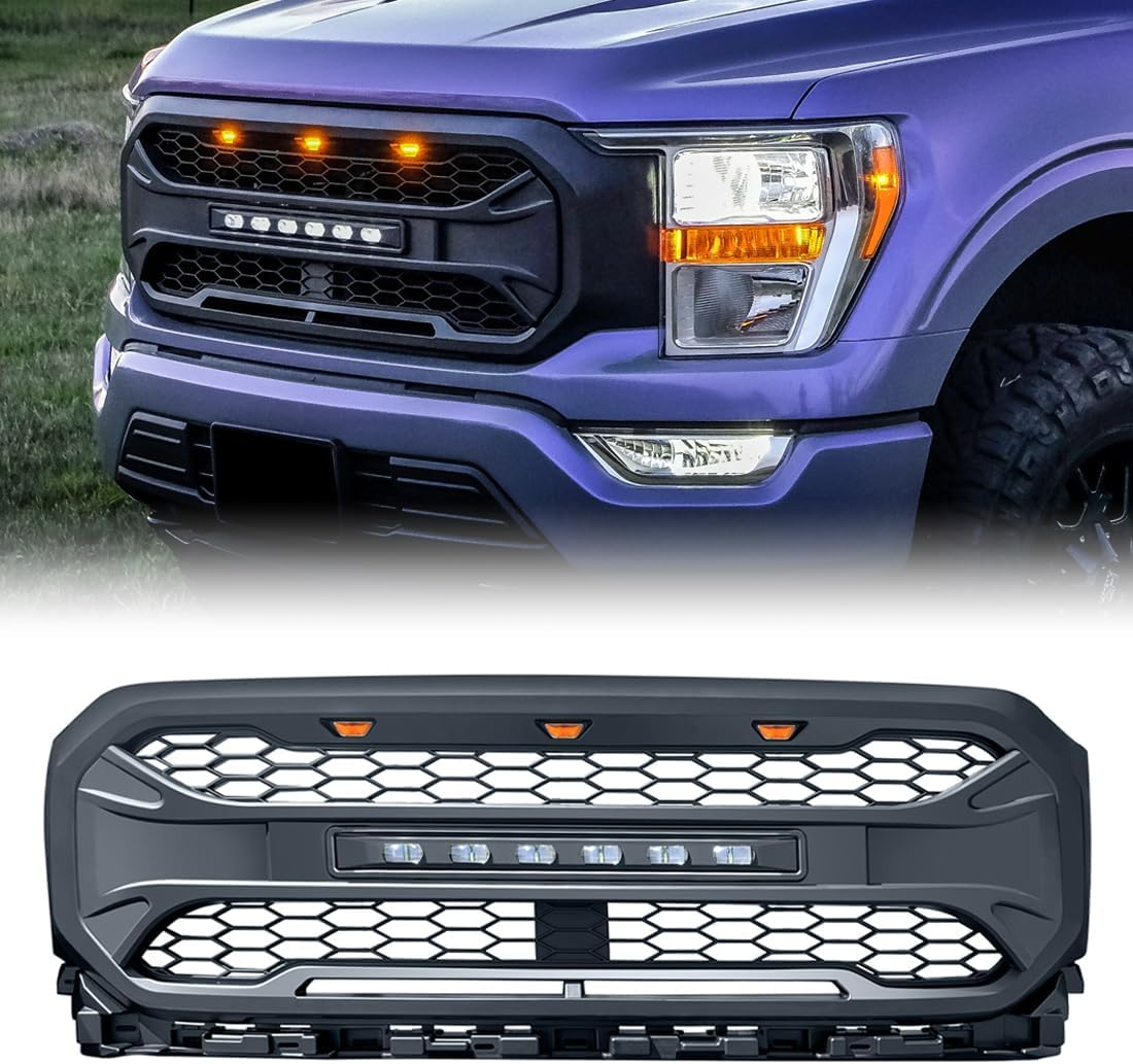 American Modified AMFMAA00120 Grille; Armor; With Light Cutouts; Matte Black; ABS Plastic; With Super Bright Off-Road LED Light Bar/Three Amber LED Lights/Wiring Harness/Mounting Hardware