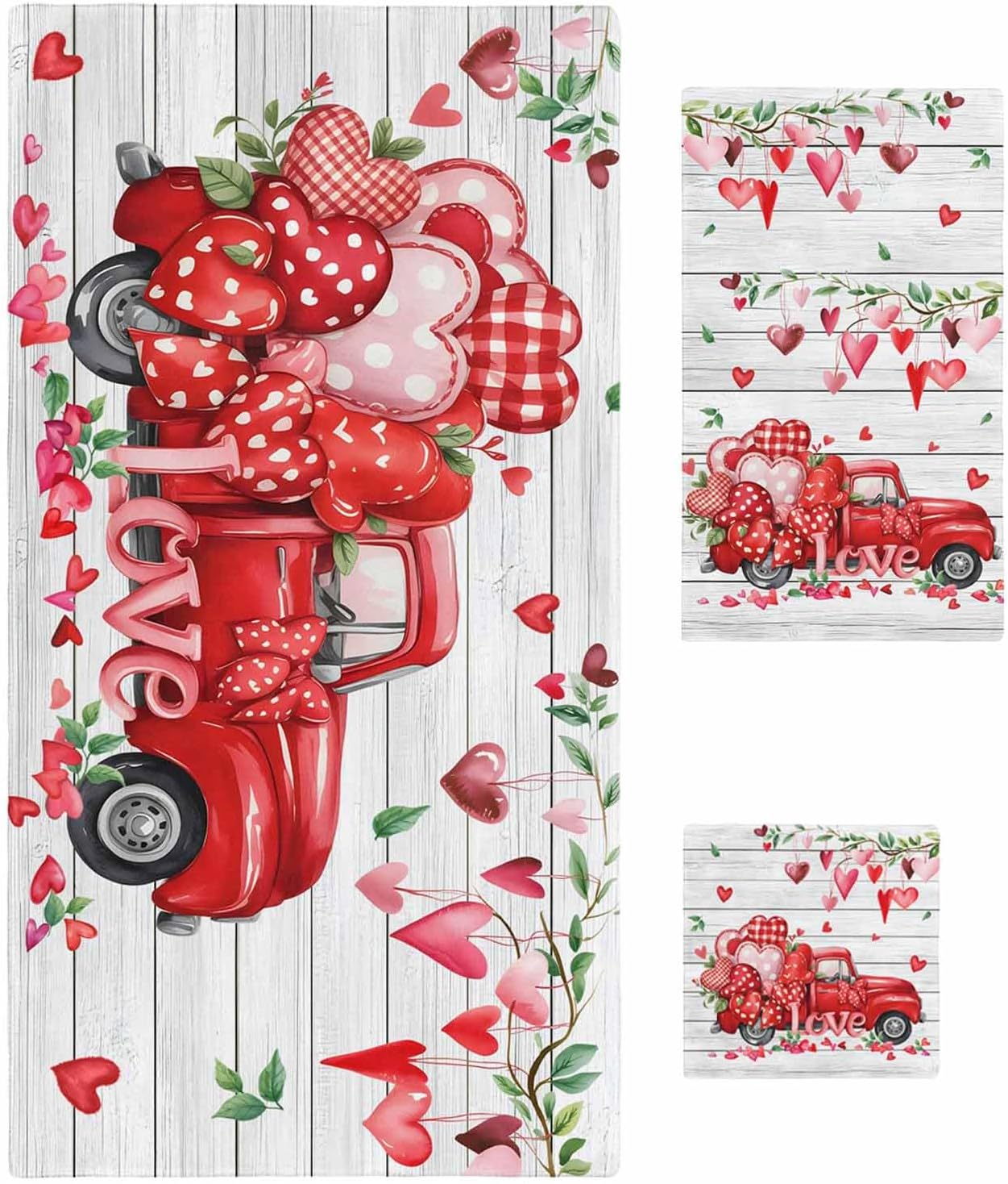 Valentine's Day Bath Towels Set of 3 for Bathroom,Soft Absorbent Shower Beach Hand Face Hair Yoga Workout Gym Towel Dish Wahcloth,Red Love Hearts Car Romantic Grey Wooden Quick Dry Bath Towels+Set