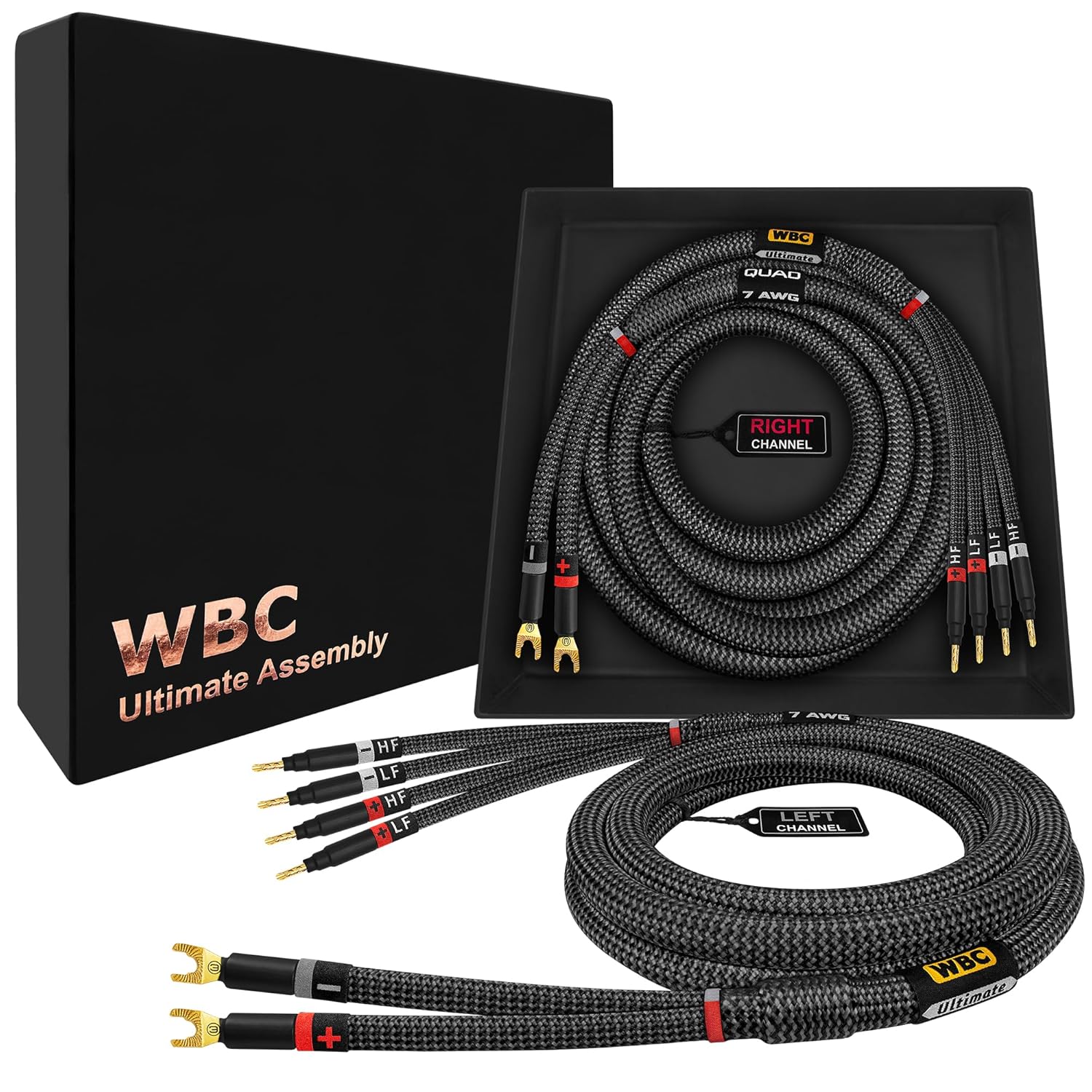 WORLDS BEST CABLES 12 Foot Ultimate - 7 AWG - Ultra-Pure OFC – Extra Premium Audiophile HiFi Bi-Wire Speaker Cable Pair with Eminence Gold Spade (x2) & Banana (x4) Plugs & Carbon Tweed Jacket
