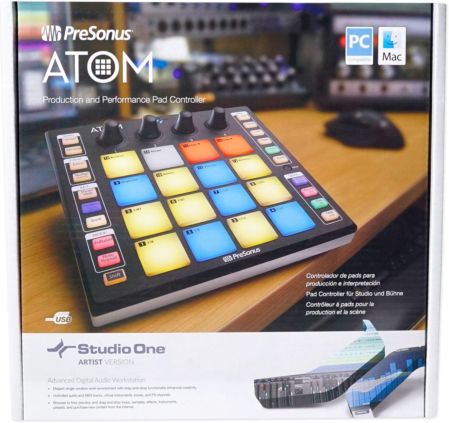 Audiosavings Bundle: PRESONUS ATOM 16 Pad USB MIDI RGB DJ Controller+Studio One Recording Software Bundle with PRESONUS S15 ART UPG Studio One 5 Professional Upgrade from Artist All Versions (2 Items)