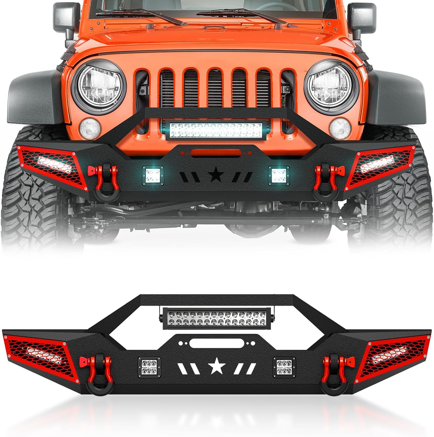 SUORTO for Wrangler JK JL & Gladiator JT Front Bumper Compatible with 2007-2026 Jeep Wrangler JK JL JKU JLU Unlimited & Gladiator JT Off-road w/Winch Plate, Paintable Armor, D-rings (2/4 Doors, Black)