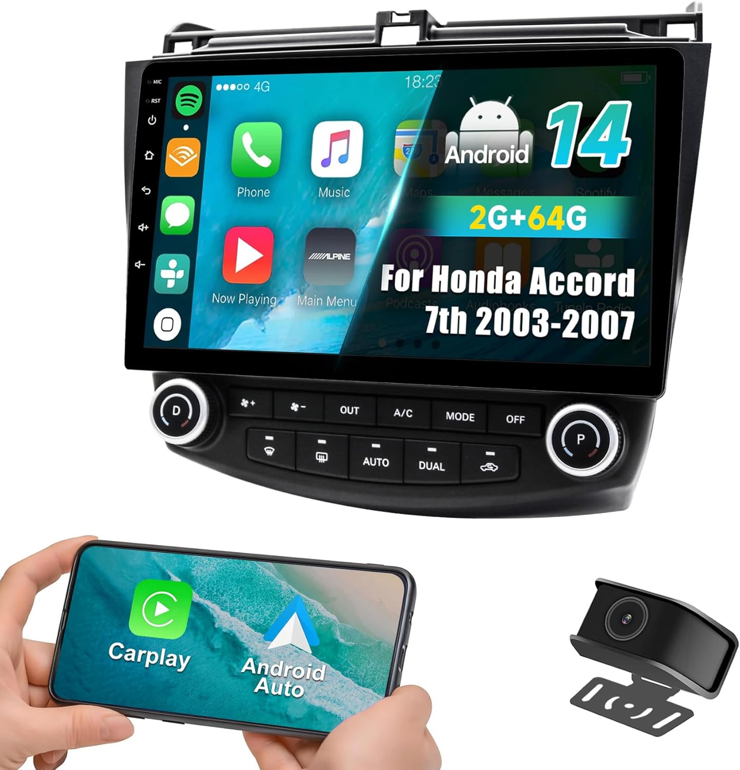 Car Radio Stereo for Honda Accord 7th Gen (2003-2007) Android 14 2GB+64GB Wireless CarPlay & Android Auto, 10-Inch IPS Touchscreen, Bluetooth WiFi GPS Navi, FM/AM, Backup Camera, SWC
