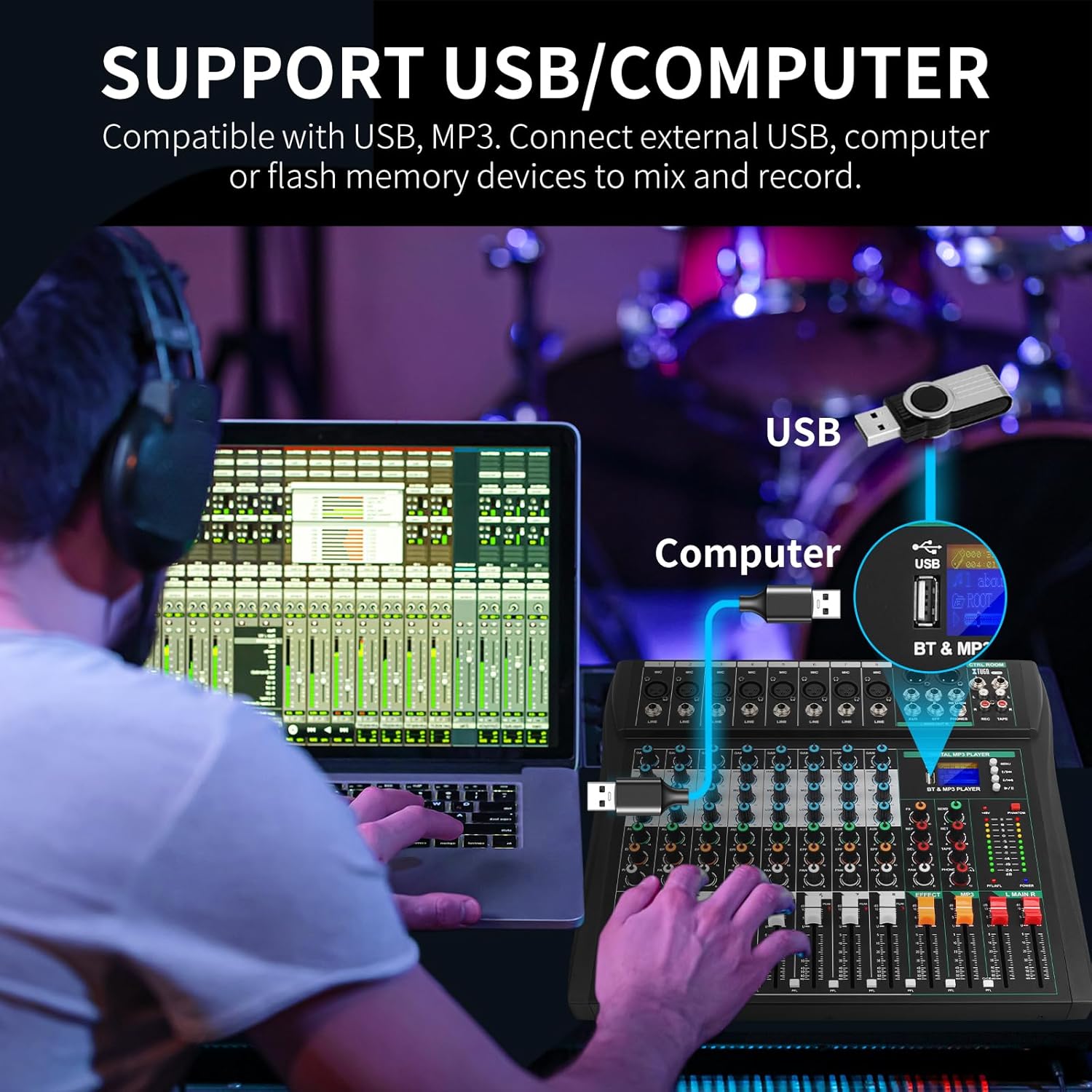 XTUGA Audio Mixer for PC DJ Mixer Sound Board Console 8 Channel Built-in Digital Effect Bluetooth Studio Interface with 48V Phanton Power RCA Input Output MP3 EQ (CT-8)