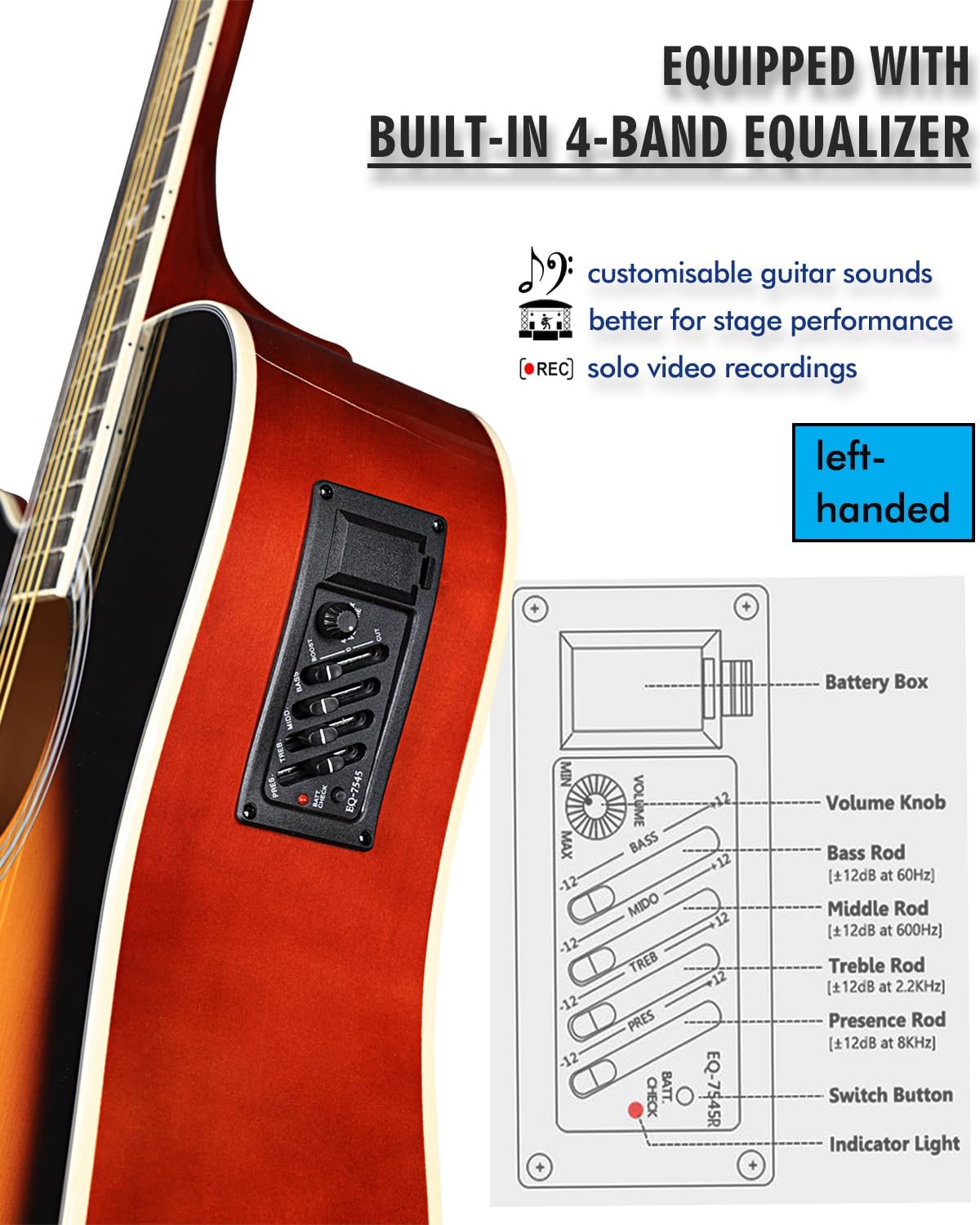 Winzz 4/4 Electro Acoustic Guitar, Left-Handed Western Guitar Set, Adult Beginners, Acoustic Guitar 41 Inch with 4-Band Equaliser (Dreadnought,Glossy Sunburst)