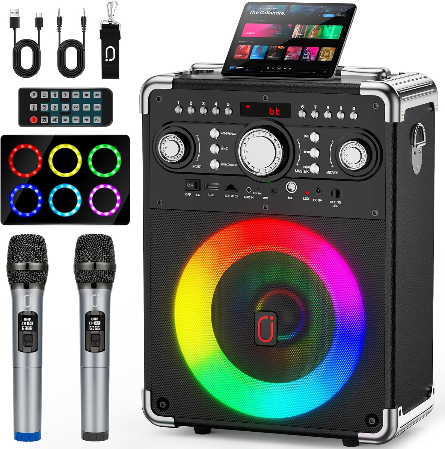 Karaoke Machine with 2 Wireless Microphones for Adults, Portable Bluetooth Party Speaker with Echo Adjustment, Singing Machine Support TWS/USB/TF Card/Guitar/TV Connected for Outdoor/Events etc