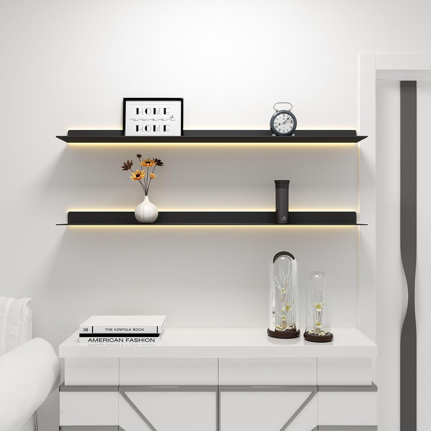 1PCS Lighted Display Stand Wall Shelves for Storage,Metal Floating Shelves,L-Shape Display Picture Ledge Shelf for Wall Decor Bedroom Living Room Bathroom Kitchen (Color : Black, Size : 60x20x6cm)