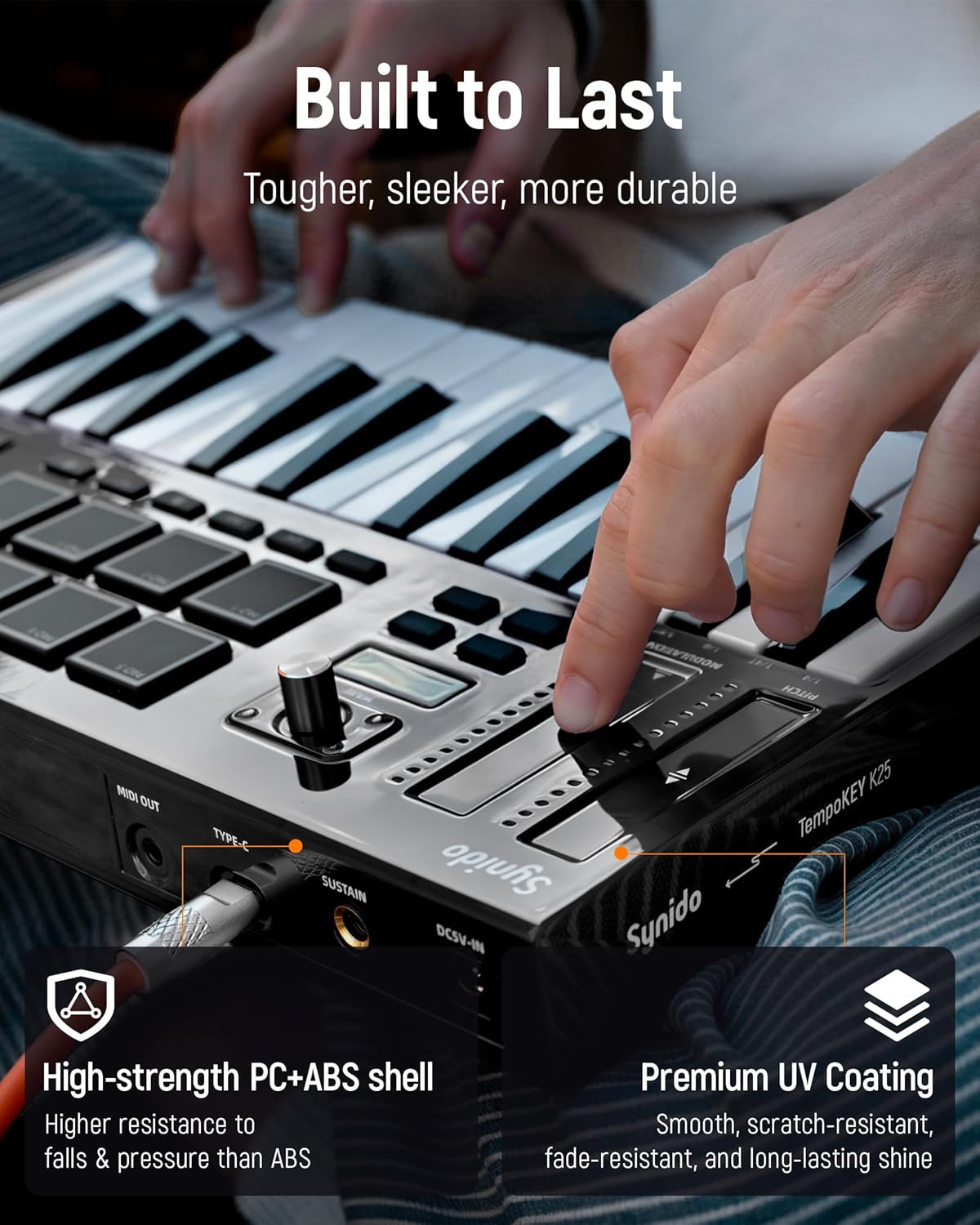 Synido 25 Key USB MIDI Keyboard Controller with 8 Drum Pads, Professional Mini Midi Keyboard with OLED Screen, Beat Maker Machine for Music Production, Black, TempoKey K25