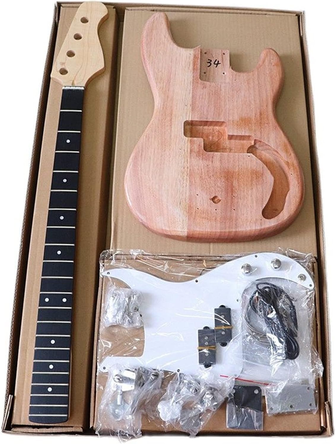 for PB Electric Bass Guitar Kit 21 Frets Unfinished Maple Neck Okoume Wood Body with All Parts Unfinished Guitar Set