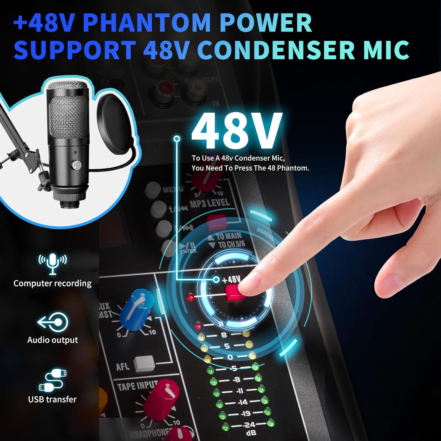 Depusheng Audio Mixer Professional 8 channel,DX8 Sound Board DJ Mixing Console System Interface USB MP3 Input Bluetooth 48V Phantom Power,Black, USB Audio Mixer for PC,for Studio Karaoke Live Music