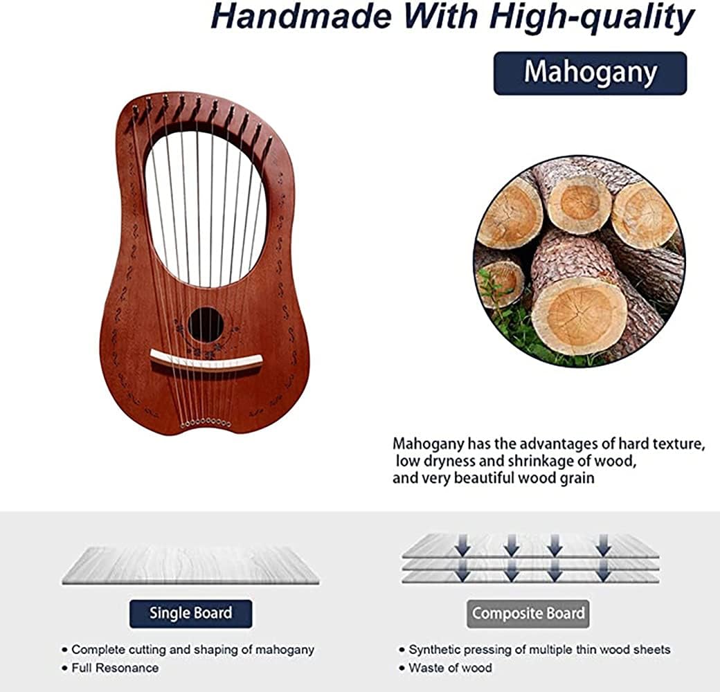 Lyre Harp, 10 Metal Strings, Mahogany Lye Harp with bag Tuning Wrench (Brown)