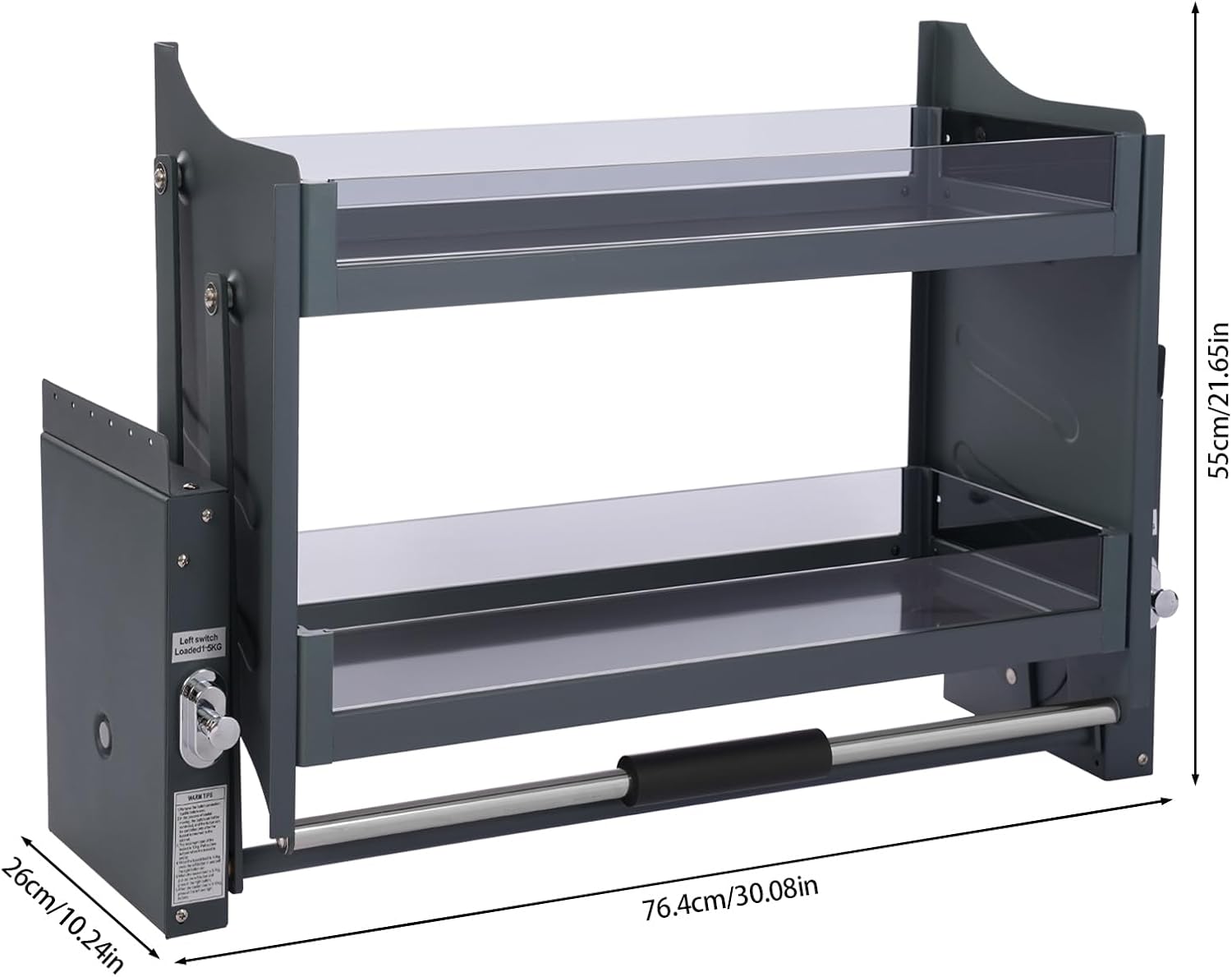 Pull Down Shelf for Upper Cabinets - 30 Inch 2-Tier Wall Mount Organizer with 26.5lbs Capacity, Tempered Glass & Aluminum Alloy for Kitchen Storage, Spices, Dishes