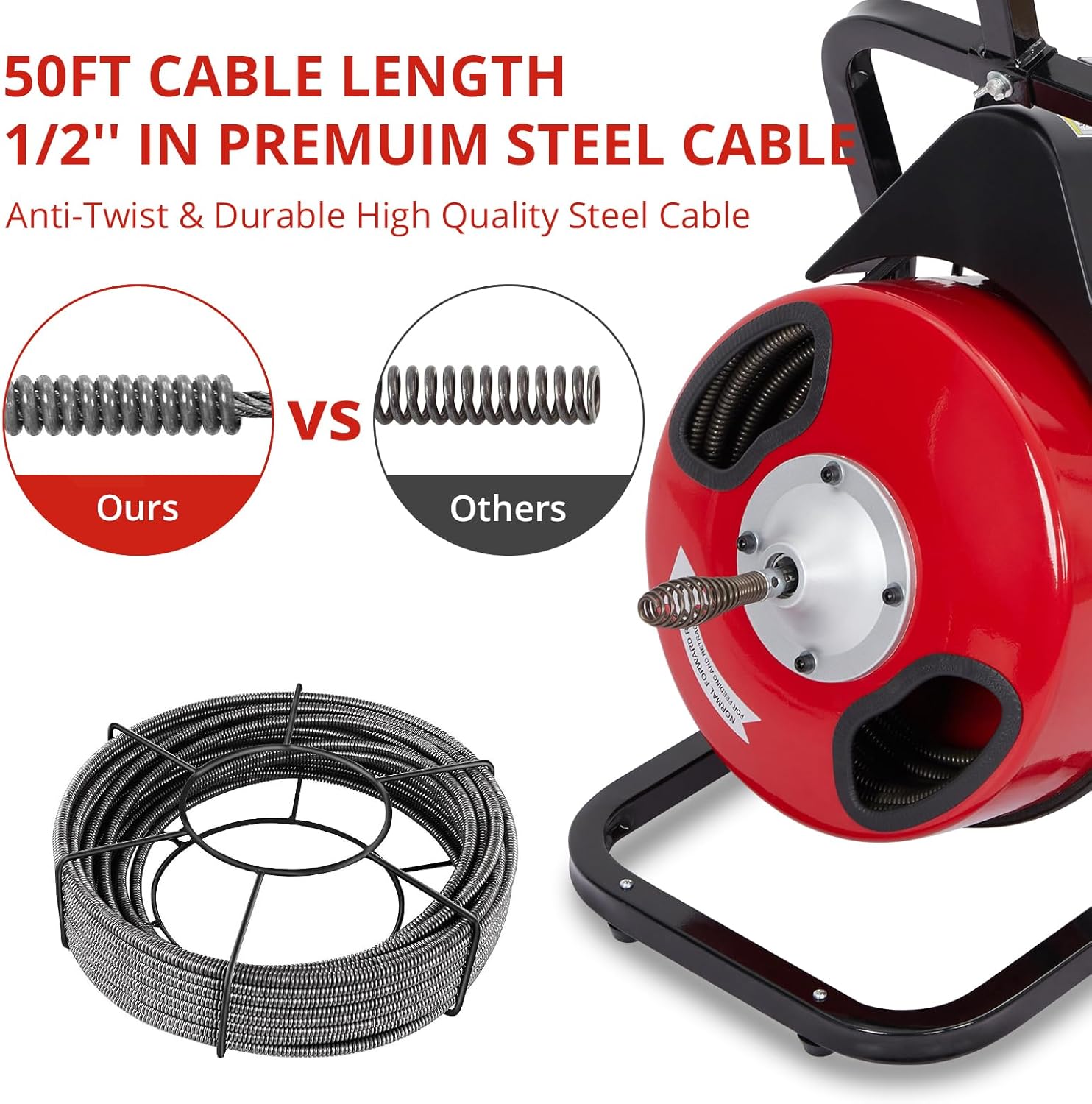 50 FT x 1/2 Inch Drain Cleaner Machine with 250W Motor, Manual Feed Sewer Snake Auger with 4 Cutters & Air-Activated Foot Switch, Semi-Enclosed Drum Drain Cleaning Tool for 2