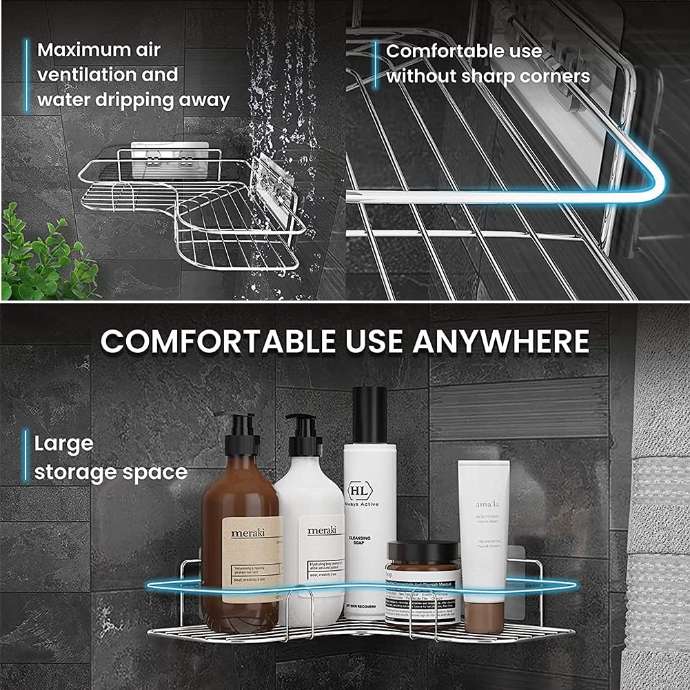 Exquisite Bathroom Shelves Adhesive Shower Organizer, Corner Shelf Wall Mount Bathroom with Hooks, Drill-Free Shower Caddy Basket, Stainless Steel Shampoo Holder Rack, Rustproof&Waterproof