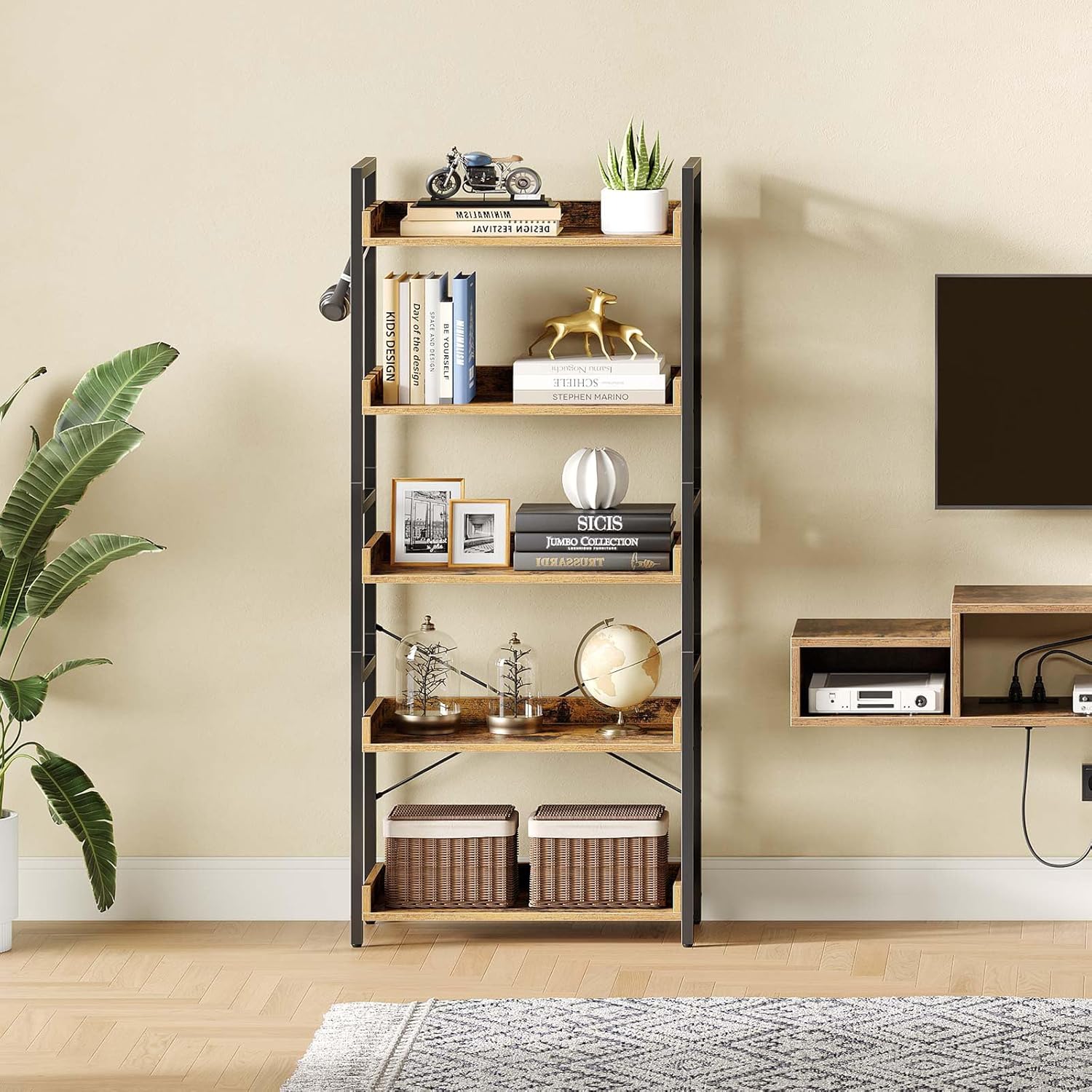 Rolanstar Bookshelf 5 Tier with 4 Hooks, Industrial Wood Bookcase, Vintage Storage Rack with Open Shelves, Rustic Standing Bookshelves Display Rack for Living Room, Bedroom, Rustic Brown