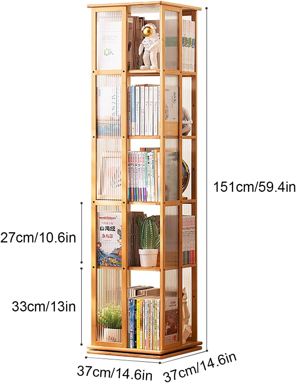 5 Tier Rotating Bookshelf, 360° Spinning Book Shelf Tower, Bamboo Floor Standing Storage Rack, Narrow Storage Shelf for Living Room, Bedroom, Study(Beige)