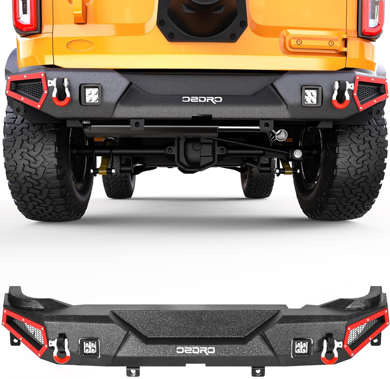 OEDRO Rear Bumper Compatible with Ford Bronco 2021-2025 2/4 Doors - Back Bumper with 2 x 32W LED Lights, Sensor Holes, Paintable Armor & D-rings, Black (NOT for Bronco Sport or Raptor)