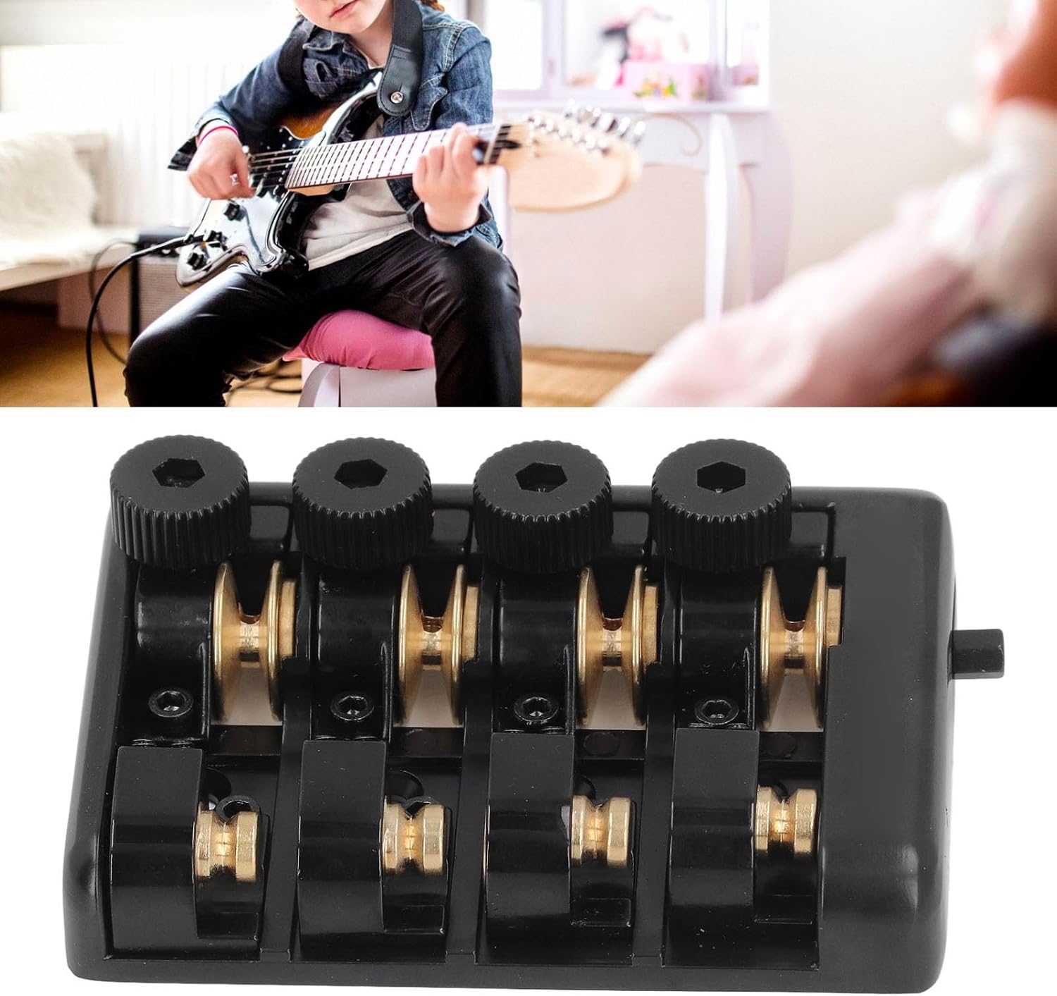 Bass Bridge Zinc Alloy 4 String Headless Electric Bass Bridge Replacement with String Lock (Black)