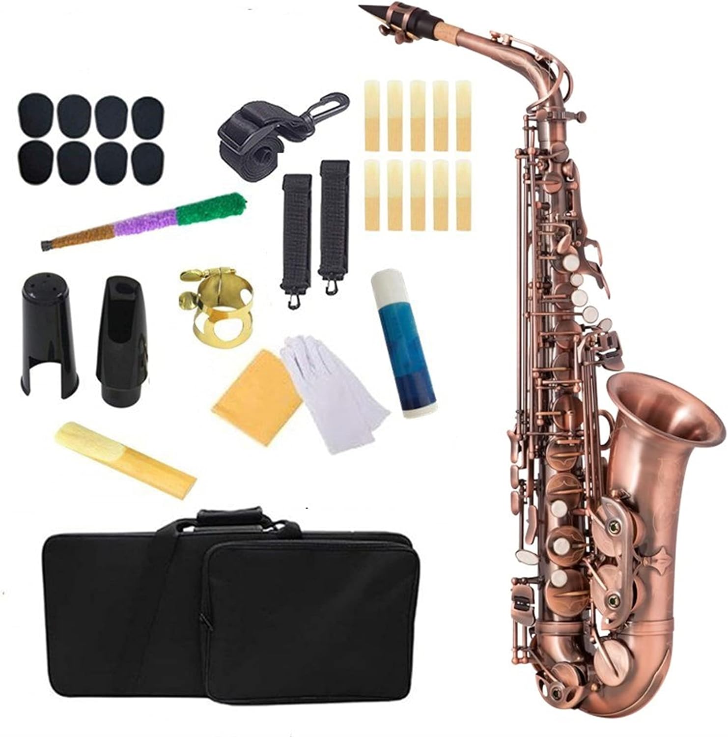 Sax Beginners Kit Antique Finish EB E- Flat Alto Saxophone Sax Shell Key Carve Pattern Woodwind Instrument with Case Gloves Straps Wind Instrument (Color : Red Bronze)