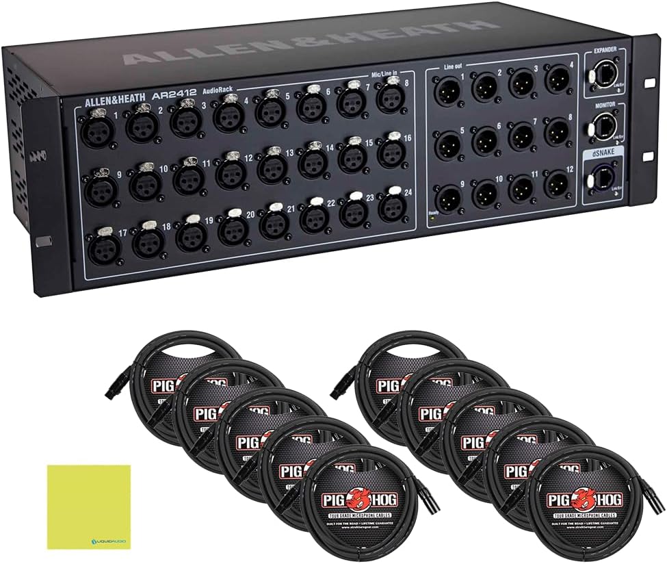 Allen & Heath AR2-2412-BLK 48kHz, 24 XLR input, 12 XLR output AudioRack Bundle w/ 10-Pack Pig Hog PHM10 8mm XLR Microphone Cable and Liquid Audio Polishing Cloth