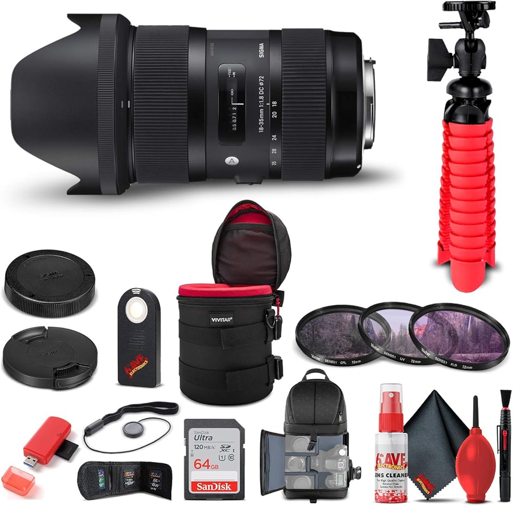 Sigma 18-35mm f/1.8 DC HSM Art Lens for Nikon F (210-306) Bundle + Backpack + 64GB Card + Lens Case + Card Reader + 3 Piece Filter Kit + Cleaning Set + Flex Tripod + Memory Wallet + More