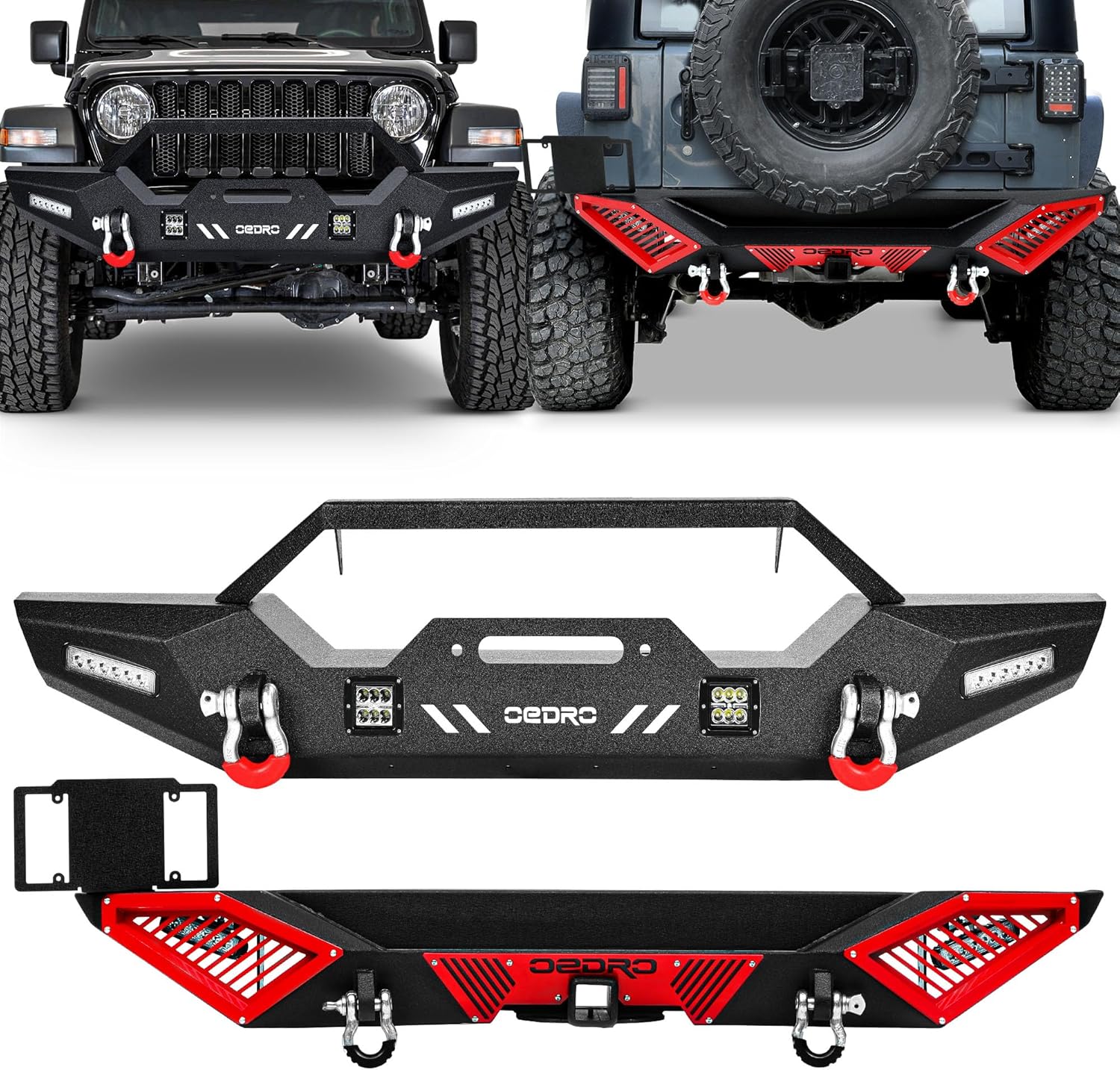 OEDRO Front and Rear Bumper Combo Compatible with Jeep 2018–2026 Wrangler JL/JLU Unlimited, Rock Crawler Bumpers with LED, 2